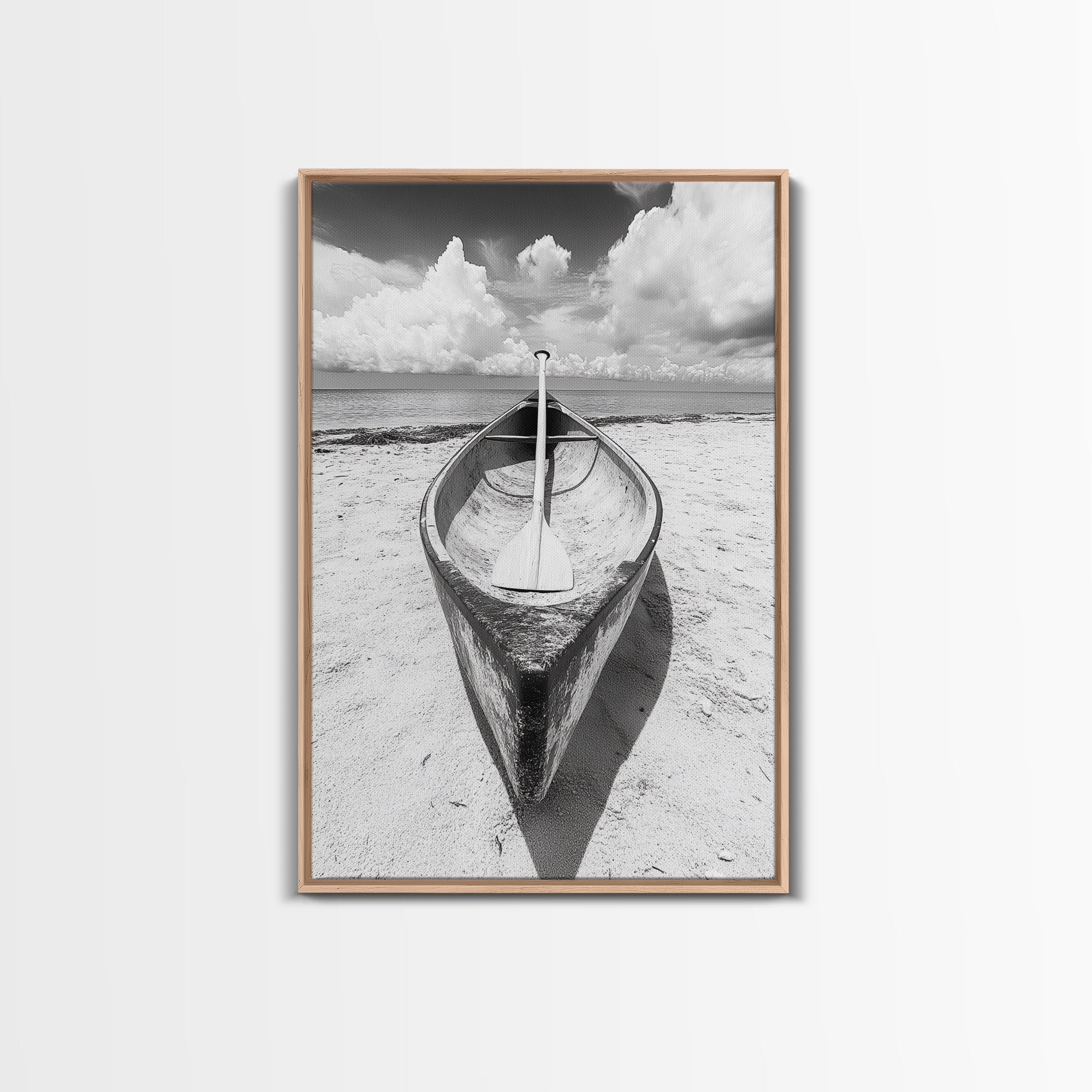 Paddle, Canoe, Beach, Clouds - Summer boating scene, Canvas Print, ideal bathroom or guestroom nautical art, rustic coastal boho wall decor