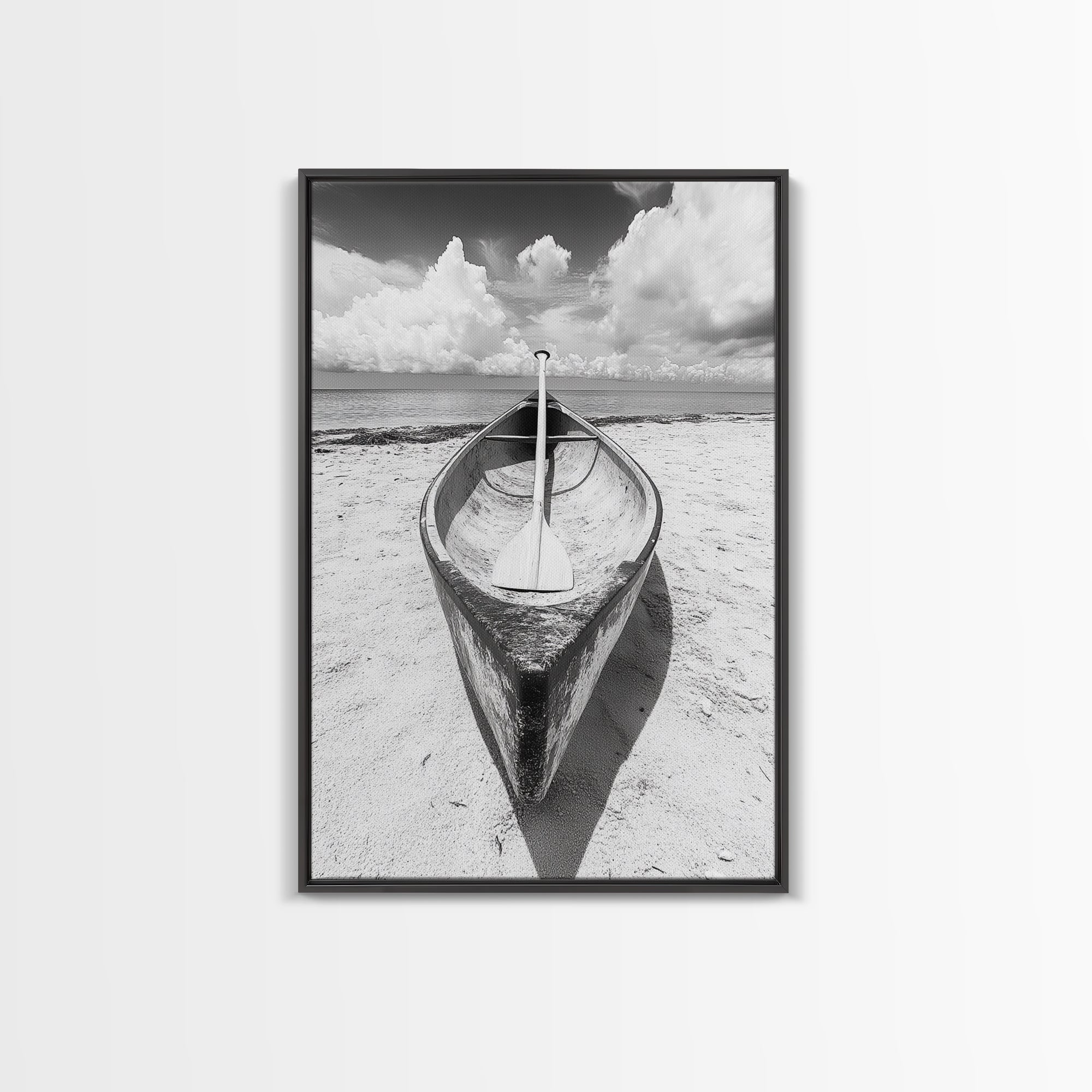 Paddle, Canoe, Beach, Clouds - Summer boating scene, Canvas Print, ideal bathroom or guestroom nautical art, rustic coastal boho wall decor