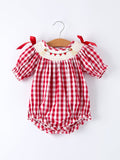 Valentine Red Plaid Romper with Smocked Heart Dog Detail and Bows