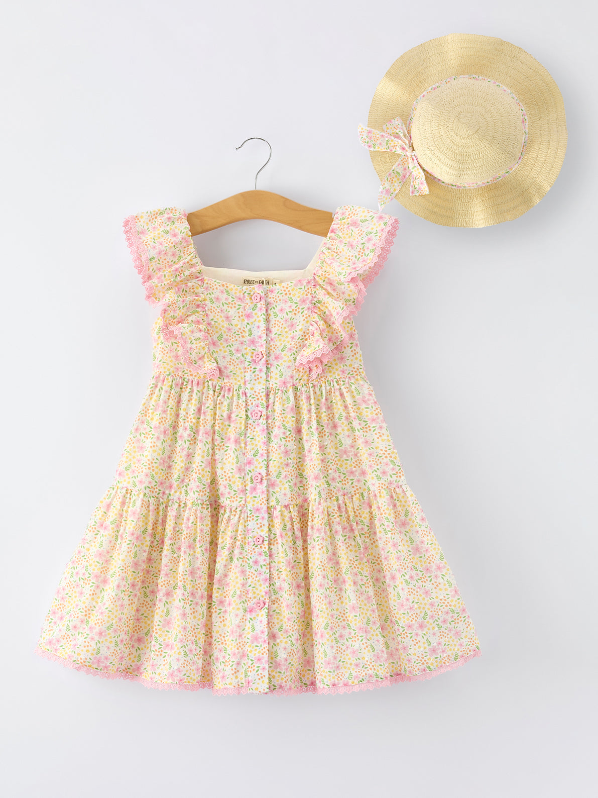 Spring Floral Girls Ruffle Dress With Bow Straw Hat Set