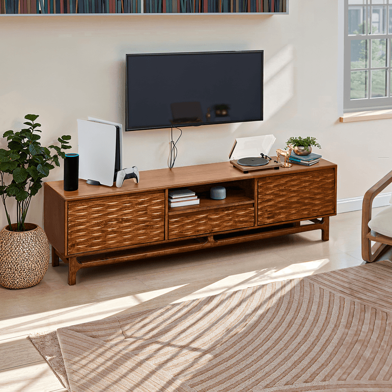 Acacia Elara Solid Wood TV Stand with Storage and Cable Management for TVs up to 80"