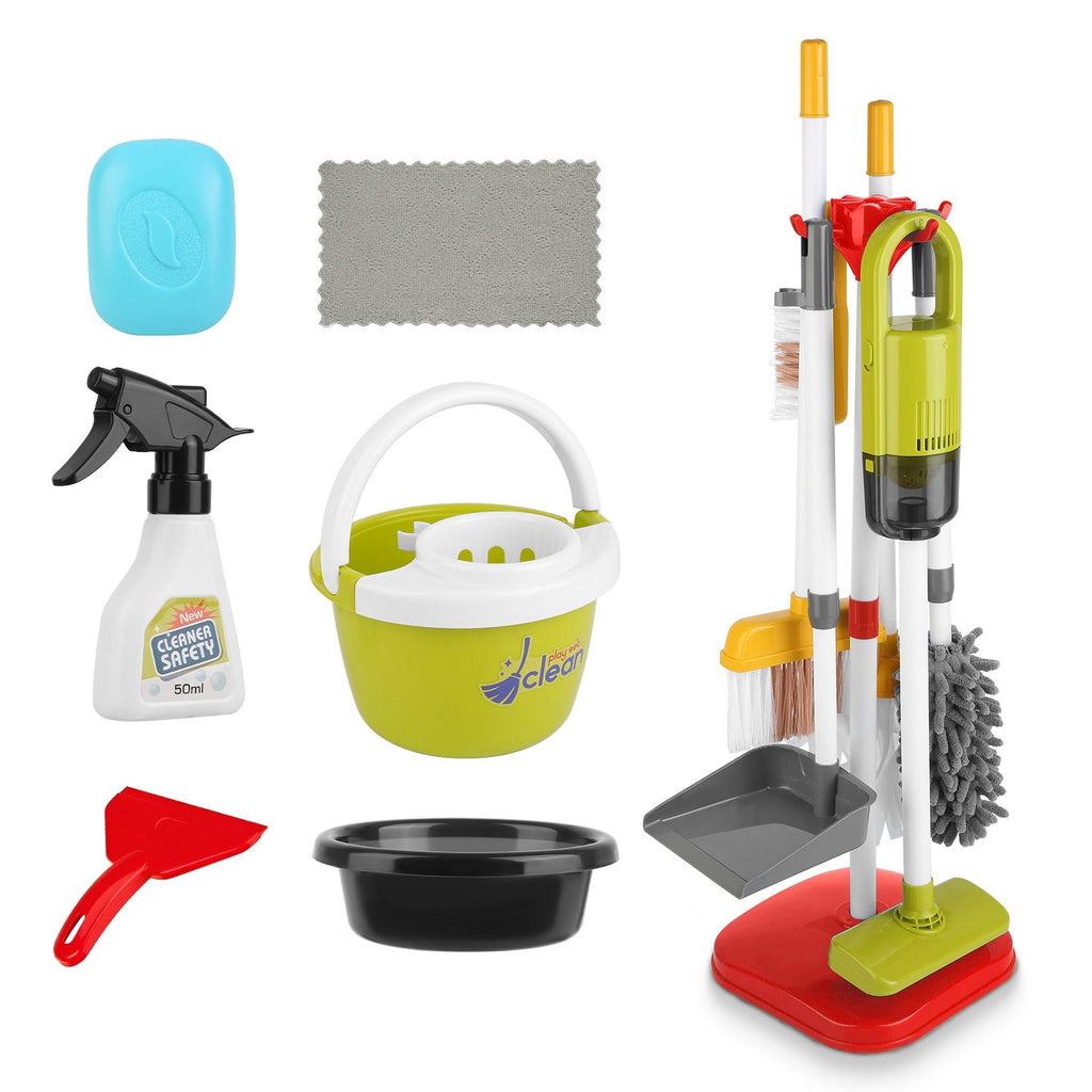 14Pcs Kids Cleaning Toy Set Toddler Housekeeping Pretend Play Kit with Vacuum Cleaner Broom Mop Organization Stand for Boys Girls Aged 3 4 5