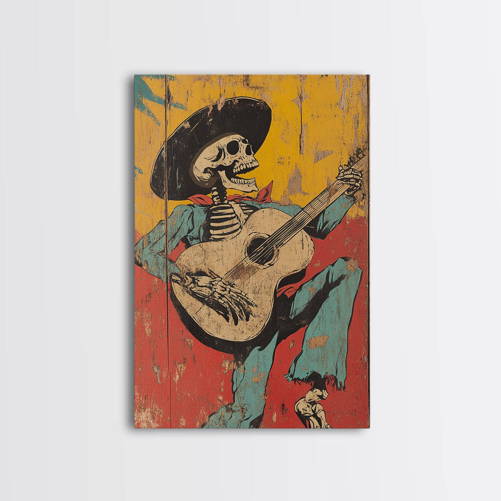 Haunted Skeleton Vaquero Cowboy Framed Canvas Print, Chicano Art, Mexican Home Decor, Mexican Wall Art