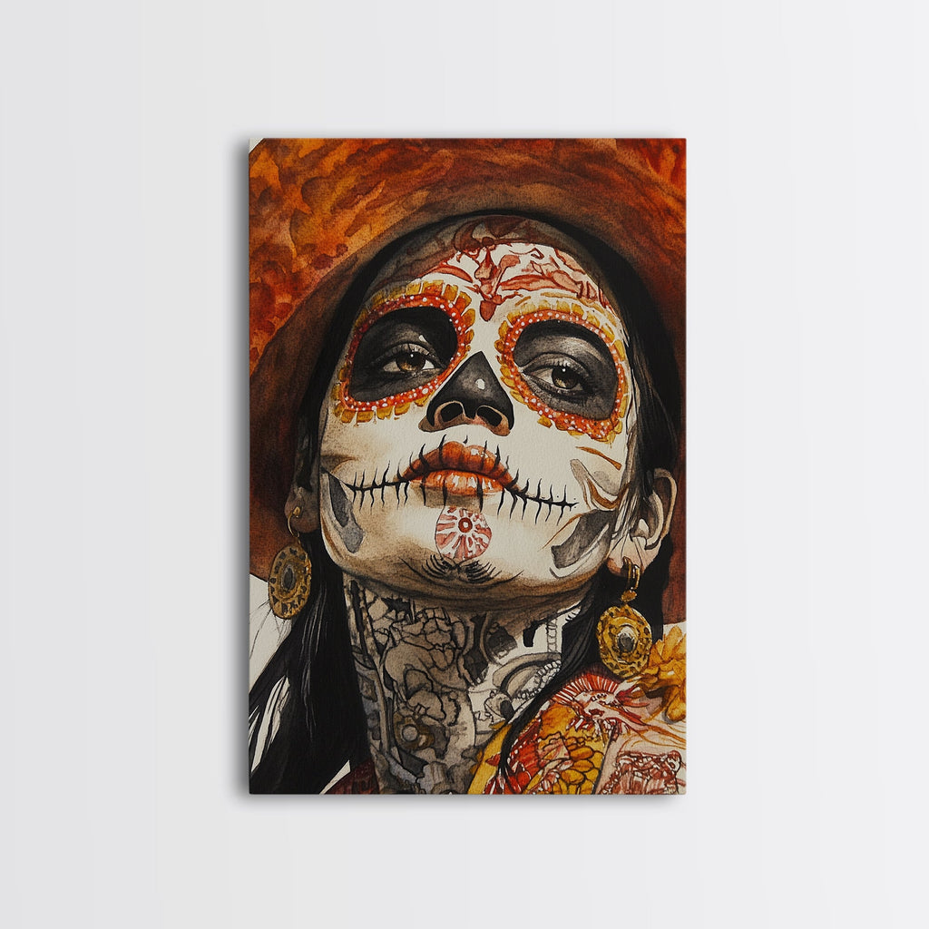 Day Of The Dead Portrait Framed Canvas Print, Chicano / Mexicano Wall Art, Home Decor, Chicano Wall Art, Chicano Painting