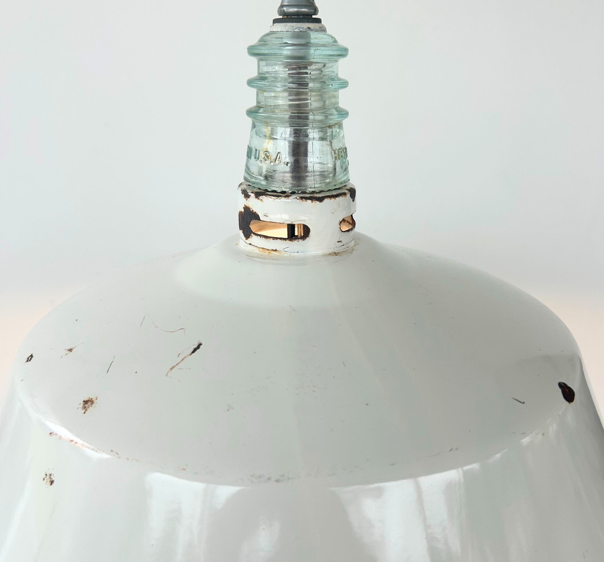 Antique White Enamel Pendant Light with Glass Insulator