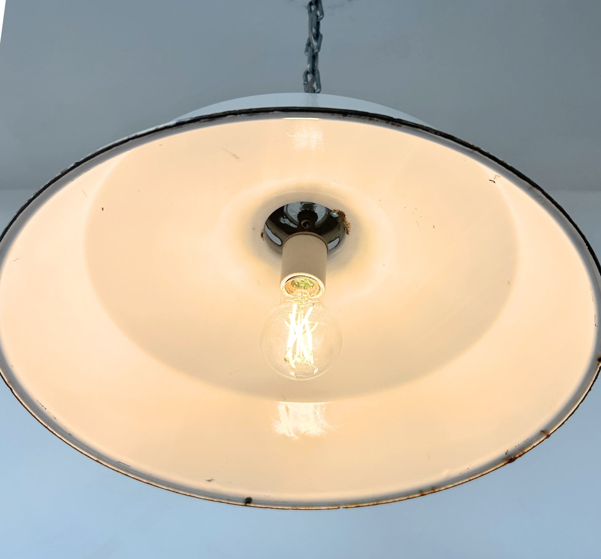 Antique White Enamel Pendant Light with Glass Insulator