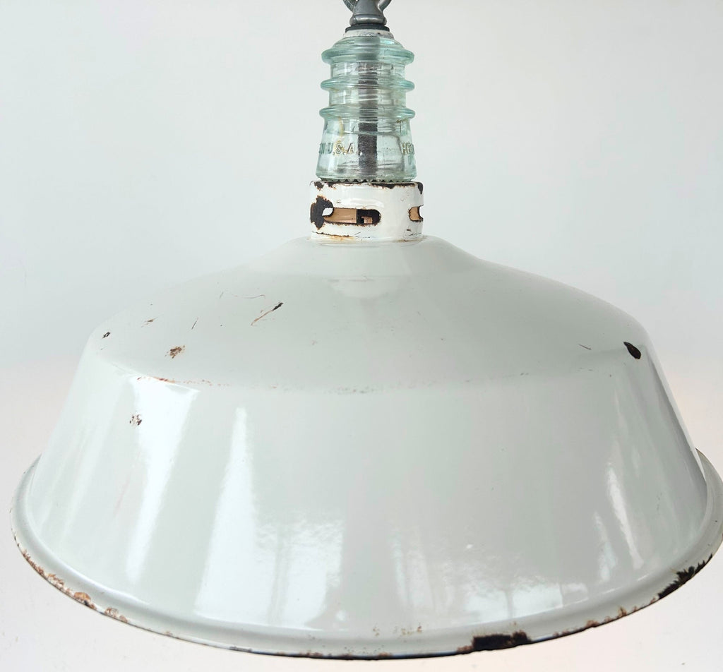 Antique White Enamel Pendant Light with Glass Insulator