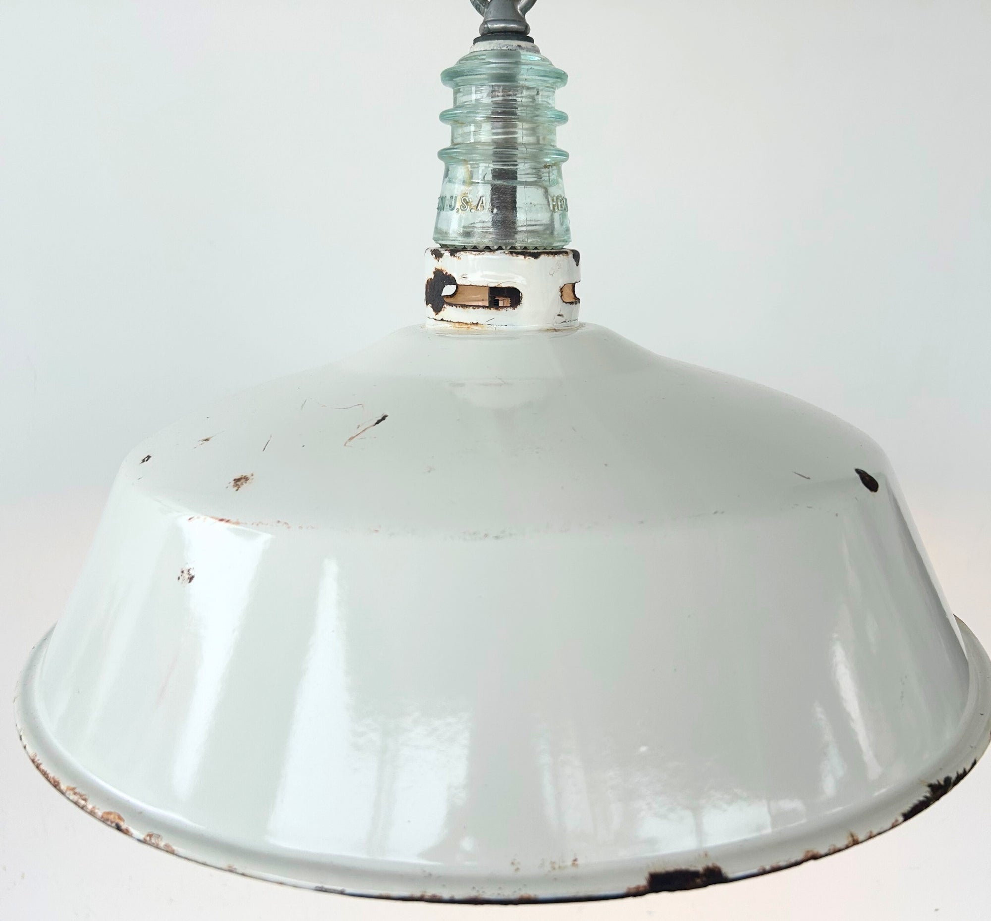 Antique White Enamel Pendant Light with Glass Insulator