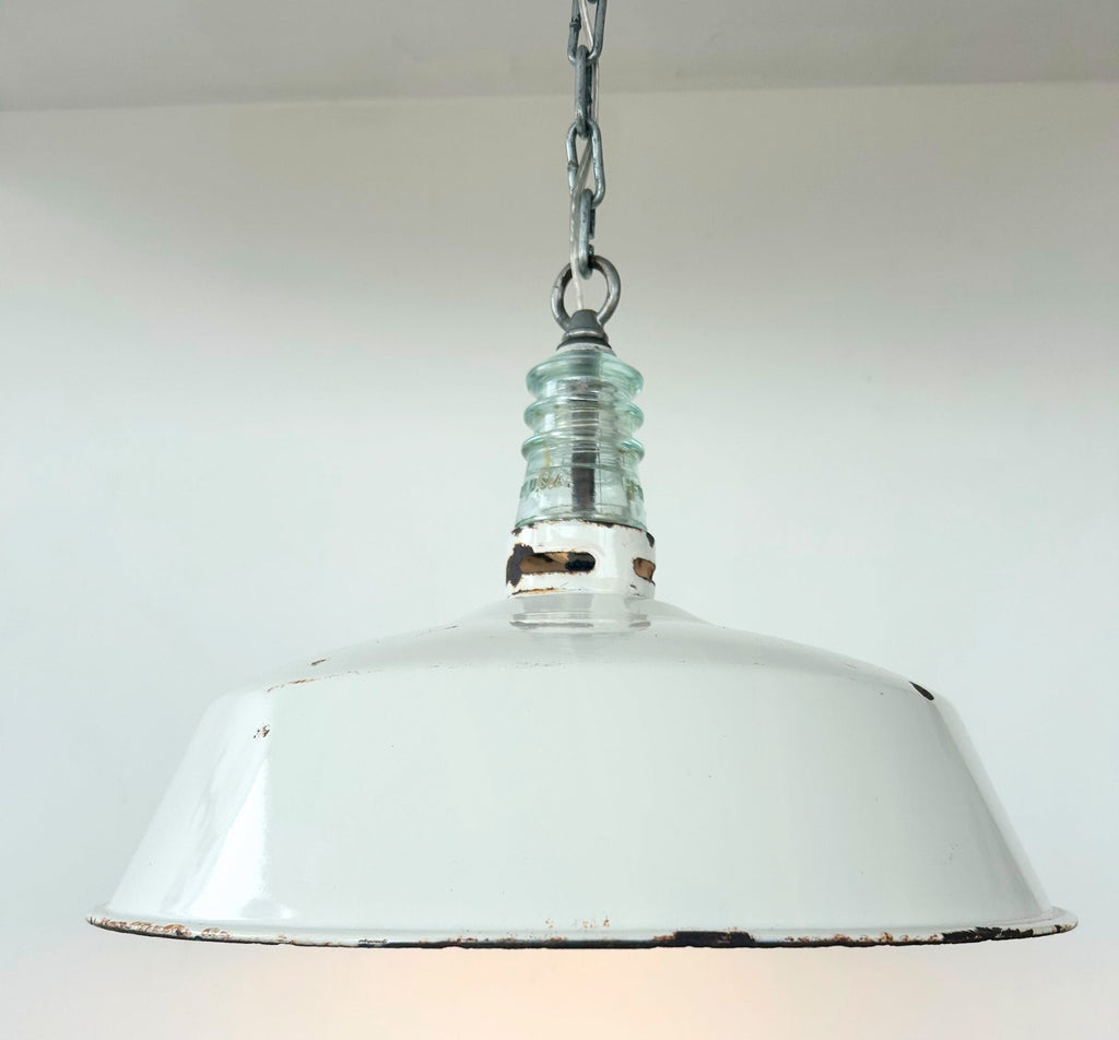 Antique White Enamel Pendant Light with Glass Insulator