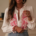 Boho Floral Ruffle Blouse — V-Neck Lantern Sleeve Button-Down Top
