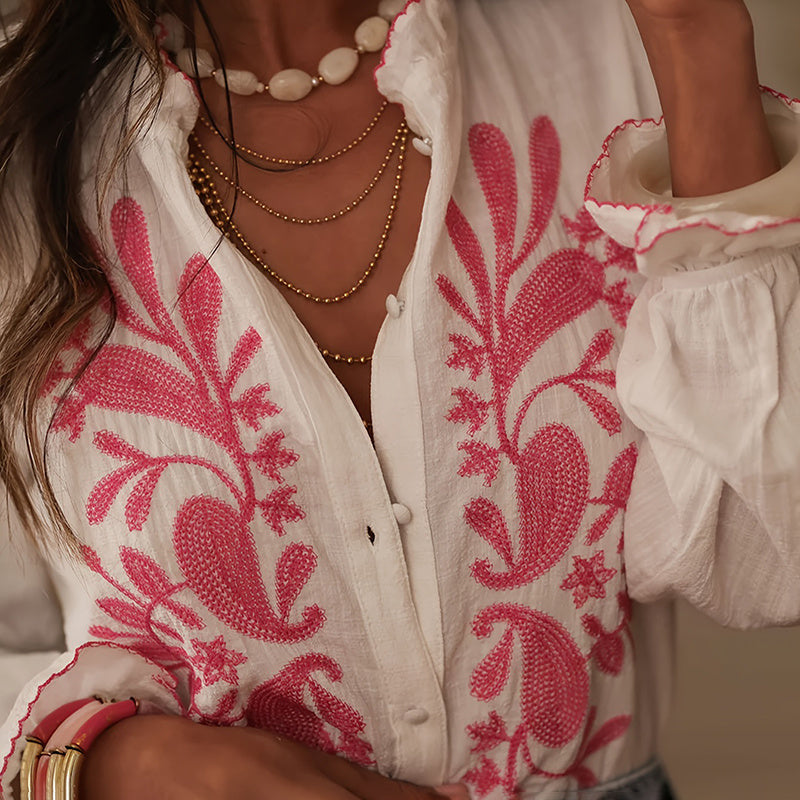 Boho Floral Ruffle Blouse — V-Neck Lantern Sleeve Button-Down Top