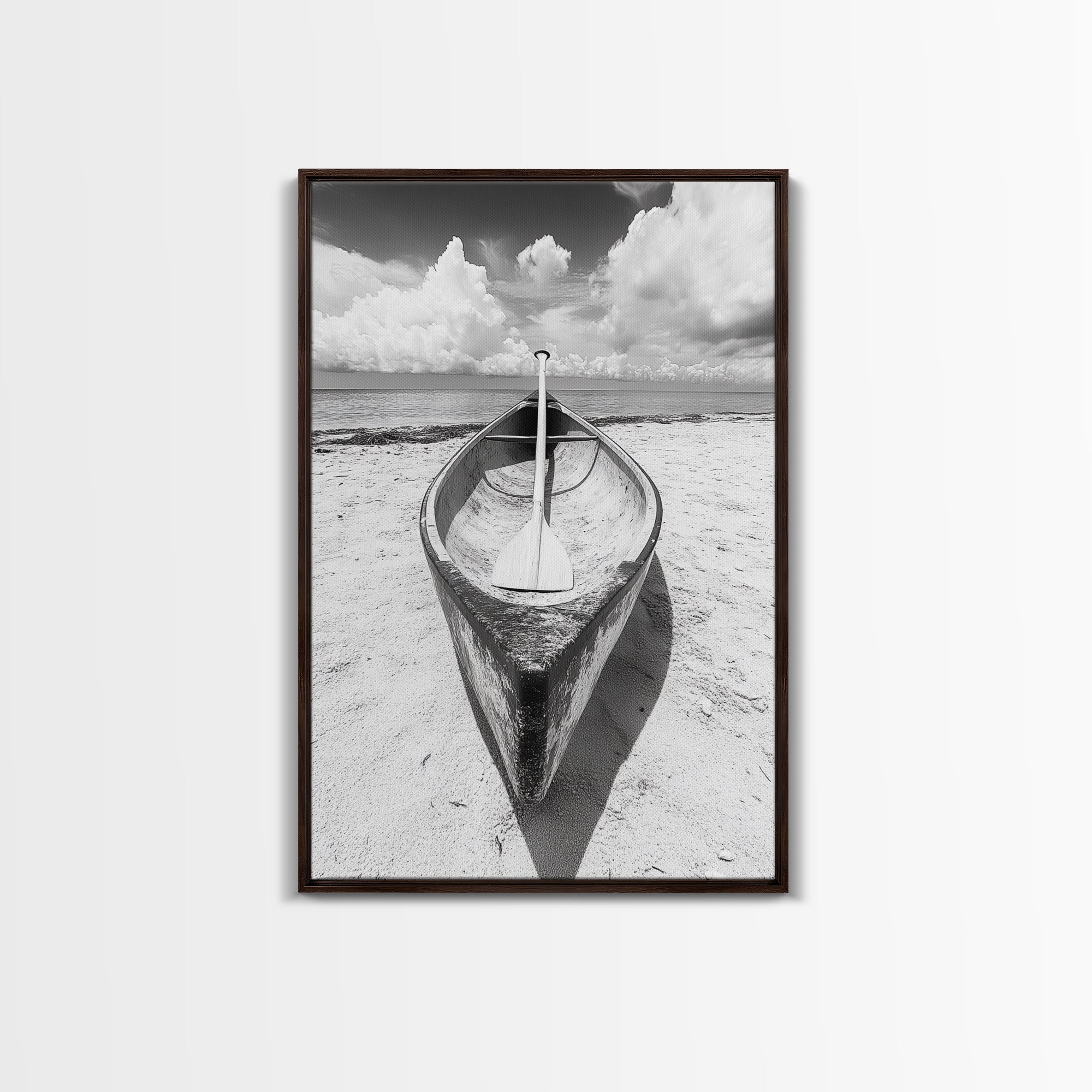 Paddle, Canoe, Beach, Clouds - Summer boating scene, Canvas Print, ideal bathroom or guestroom nautical art, rustic coastal boho wall decor
