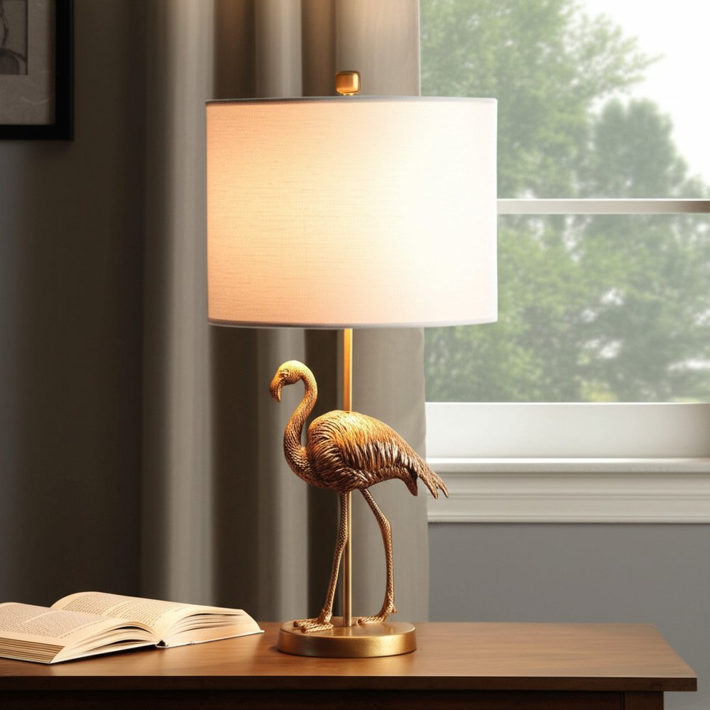 26" Gold Flamingo Table Lamp With White Drum Shade