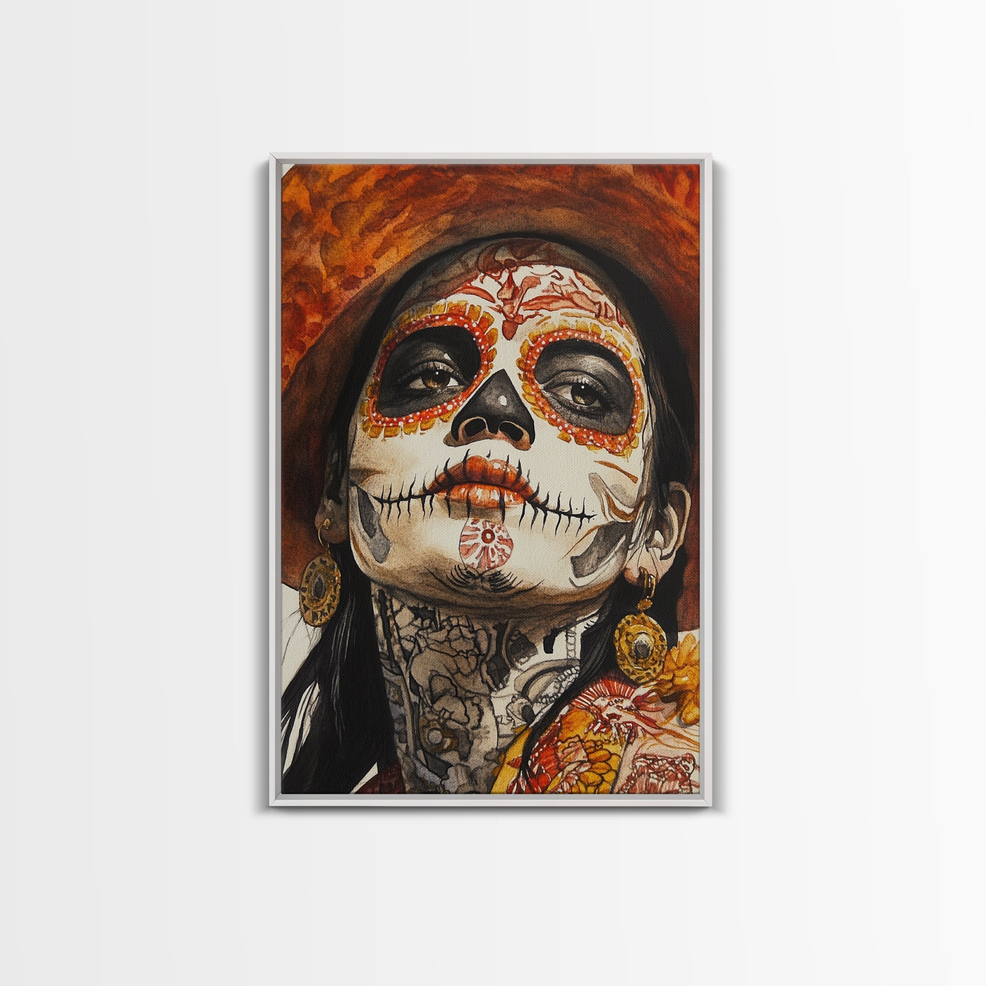 Day Of The Dead Portrait Framed Canvas Print, Chicano / Mexicano Wall Art, Home Decor, Chicano Wall Art, Chicano Painting