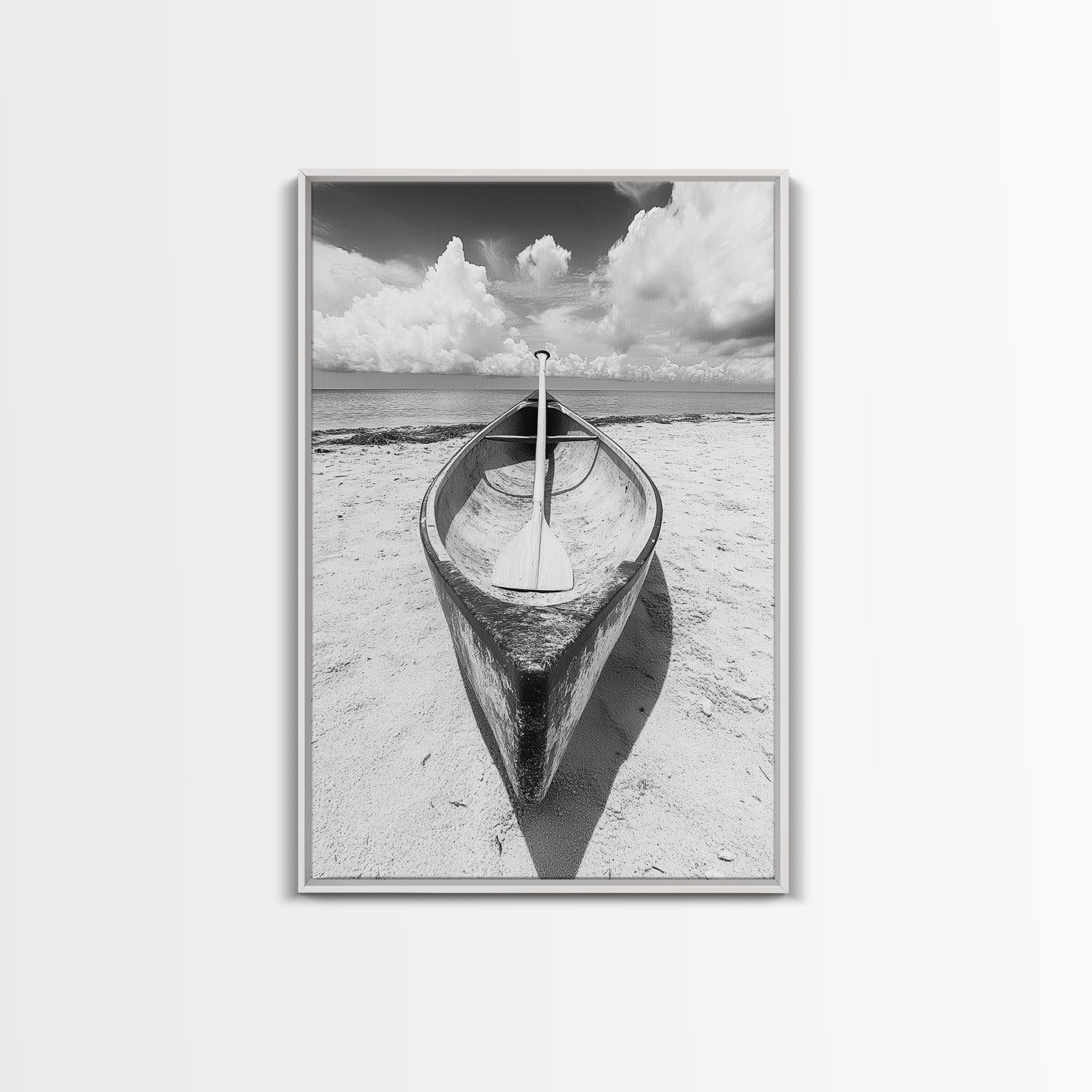 Paddle, Canoe, Beach, Clouds - Summer boating scene, Canvas Print, ideal bathroom or guestroom nautical art, rustic coastal boho wall decor