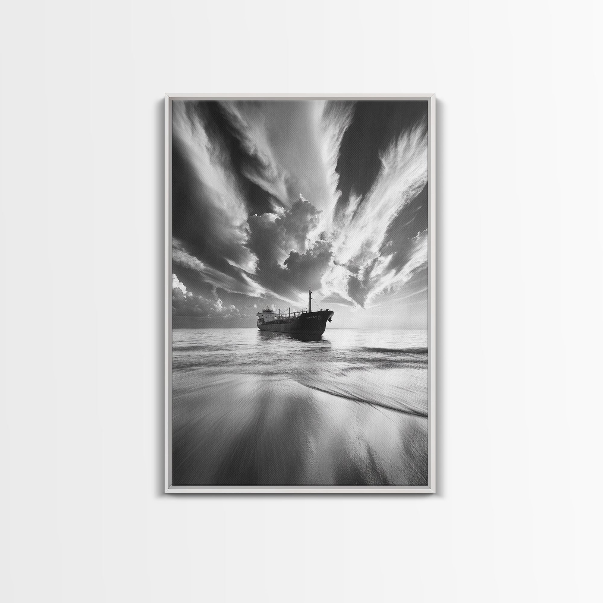 Stormy Sky Ship, Dramatic Seascape, Black White Photography, Ocean Nautical Decor, Framed Canvas Print, Coastal Wall Art, Moody Minimalist