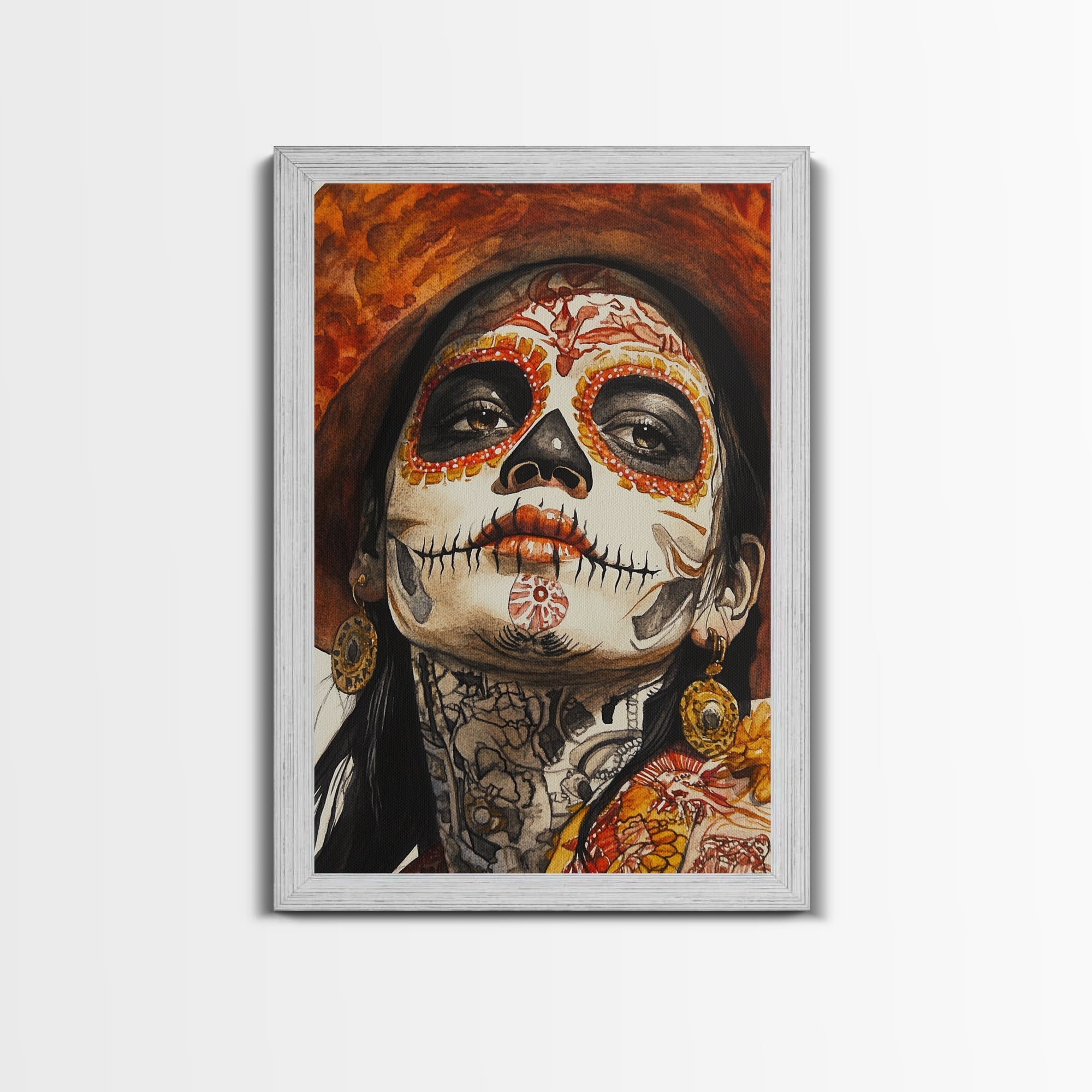 Day Of The Dead Portrait Framed Canvas Print, Chicano / Mexicano Wall Art, Home Decor, Chicano Wall Art, Chicano Painting
