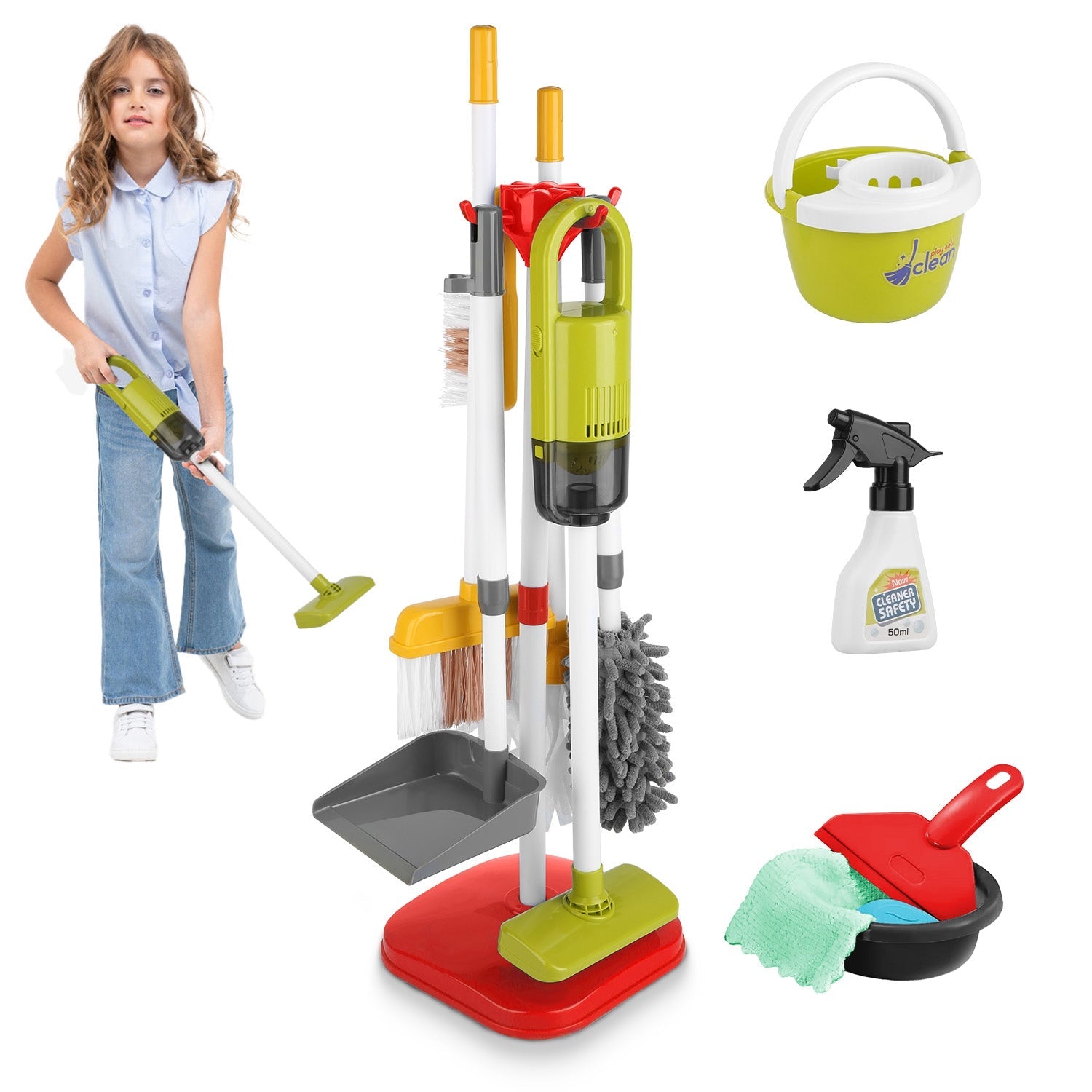14Pcs Kids Cleaning Toy Set Toddler Housekeeping Pretend Play Kit with Vacuum Cleaner Broom Mop Organization Stand for Boys Girls Aged 3 4 5