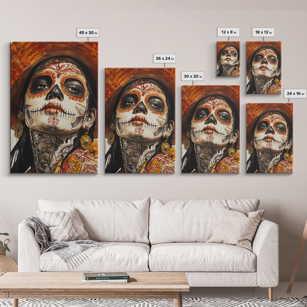 Day Of The Dead Portrait Framed Canvas Print, Chicano / Mexicano Wall Art, Home Decor, Chicano Wall Art, Chicano Painting