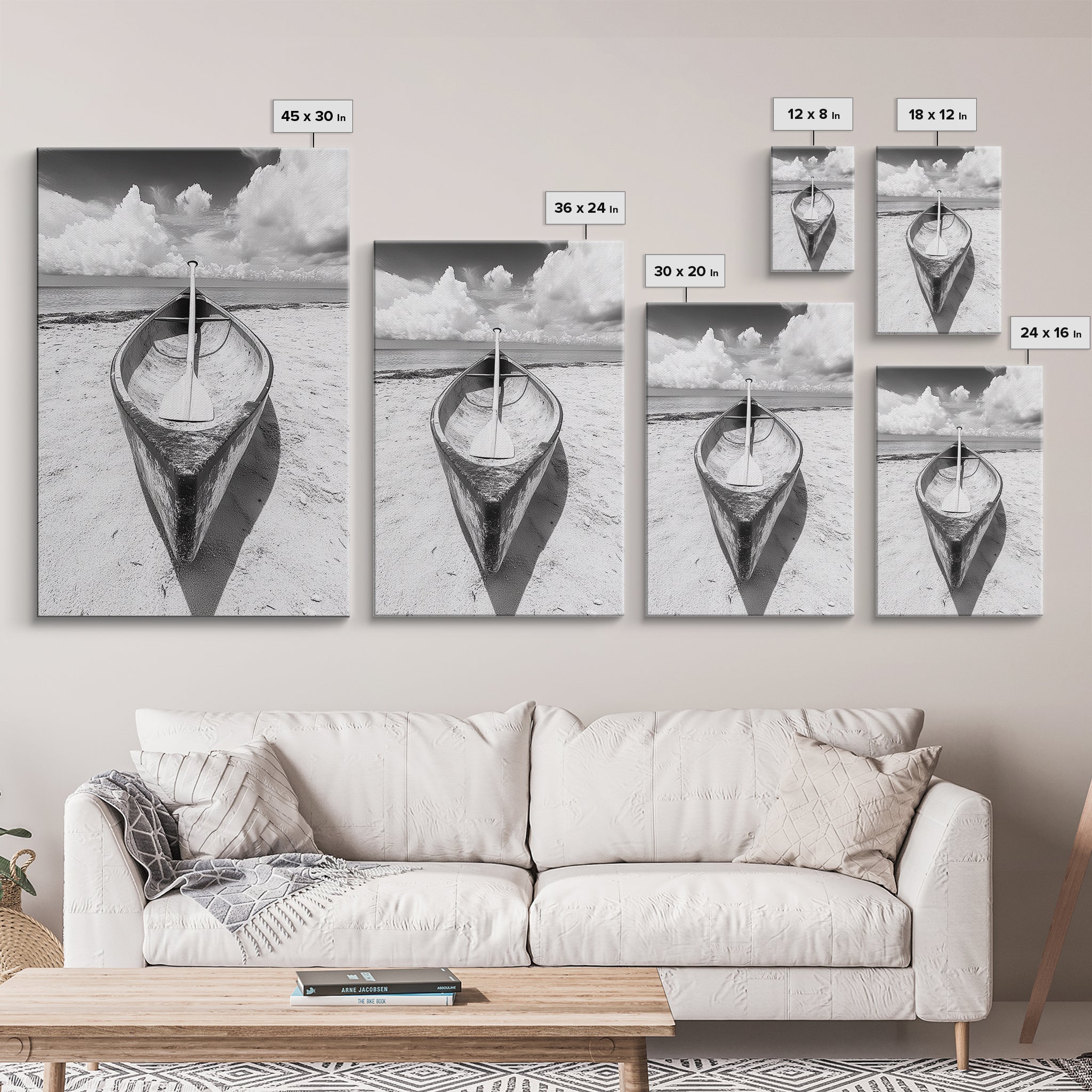 Paddle, Canoe, Beach, Clouds - Summer boating scene, Canvas Print, ideal bathroom or guestroom nautical art, rustic coastal boho wall decor