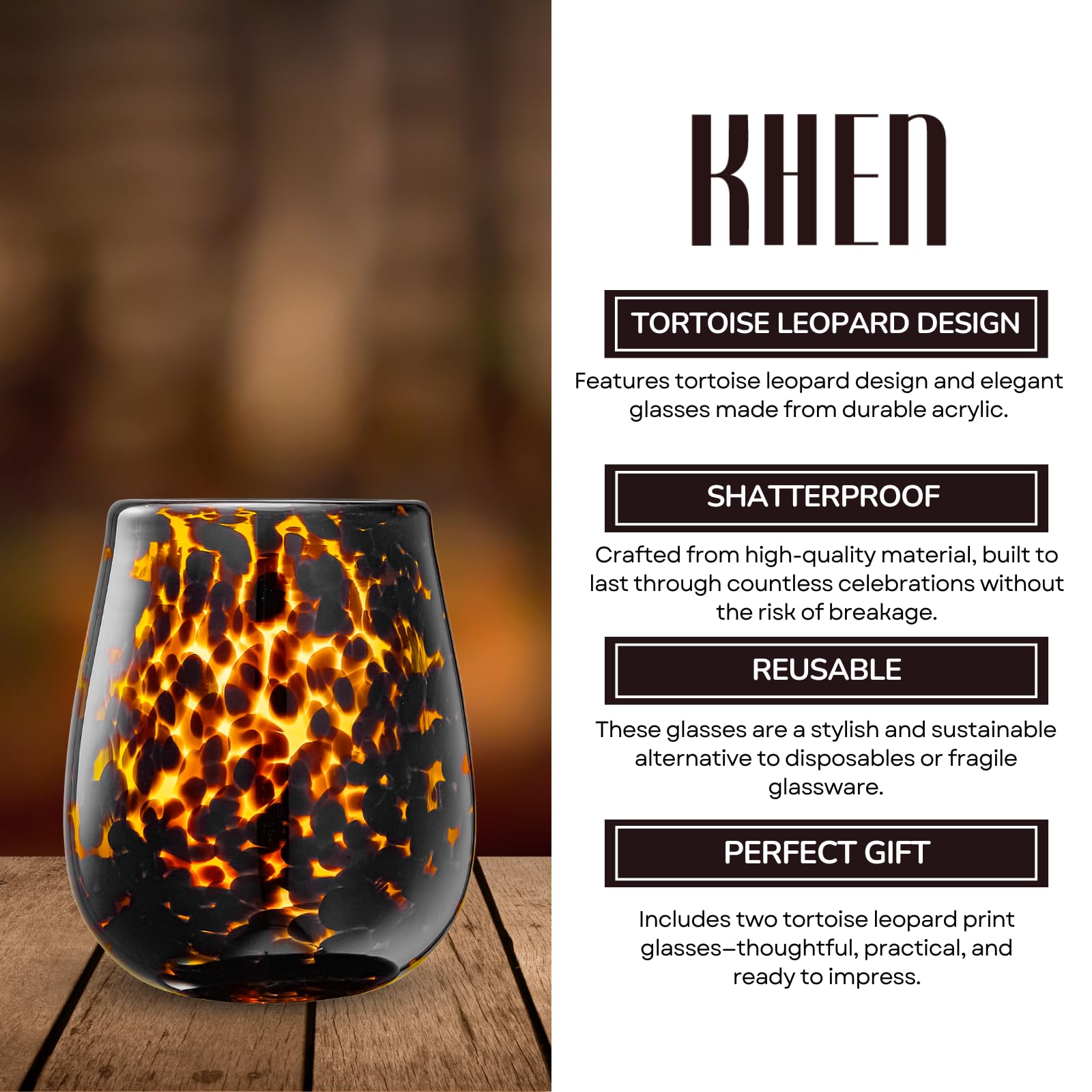 Leopard Print Amber Colored Stemless Wine Glass |  Set of 2