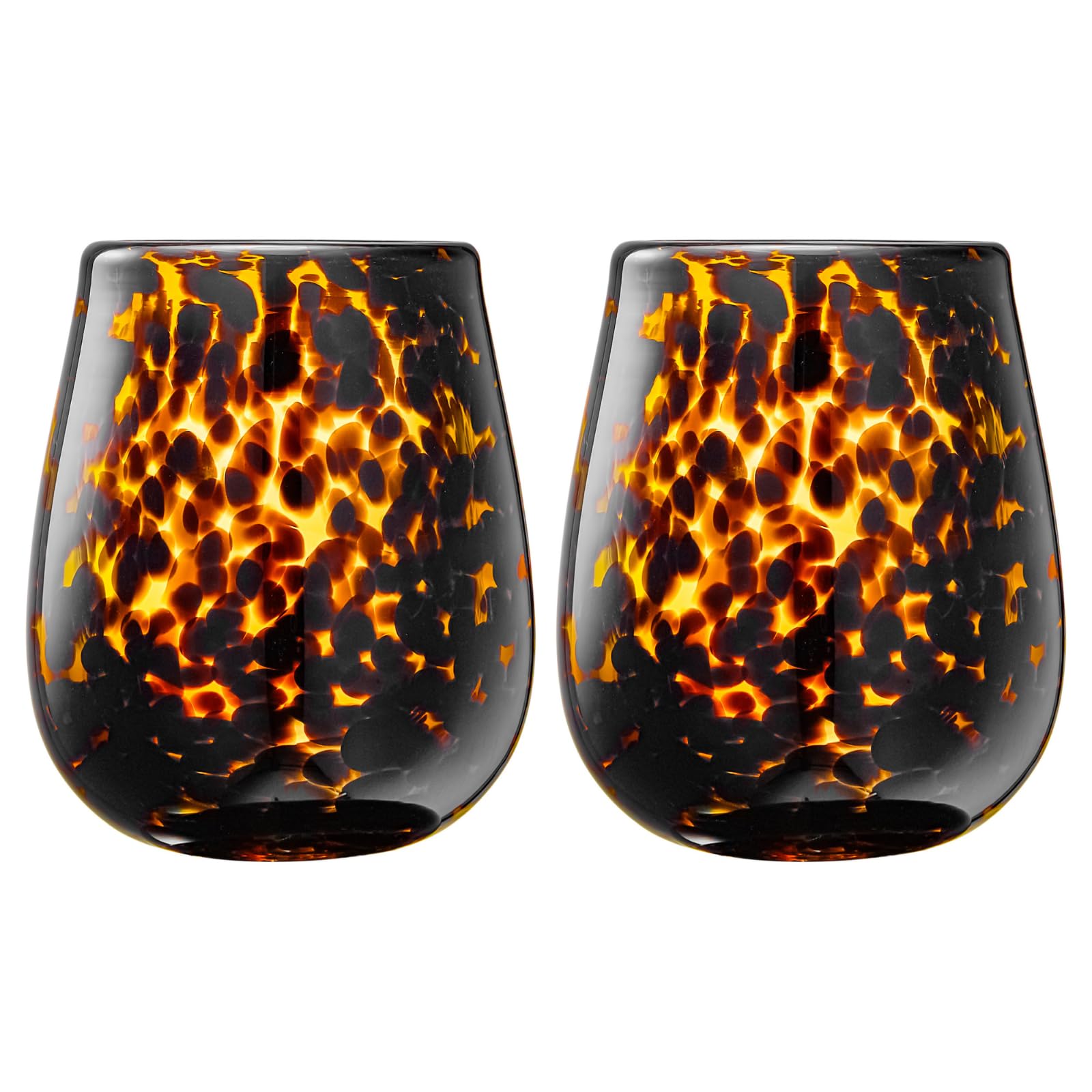 Leopard Print Amber Colored Stemless Wine Glass |  Set of 2