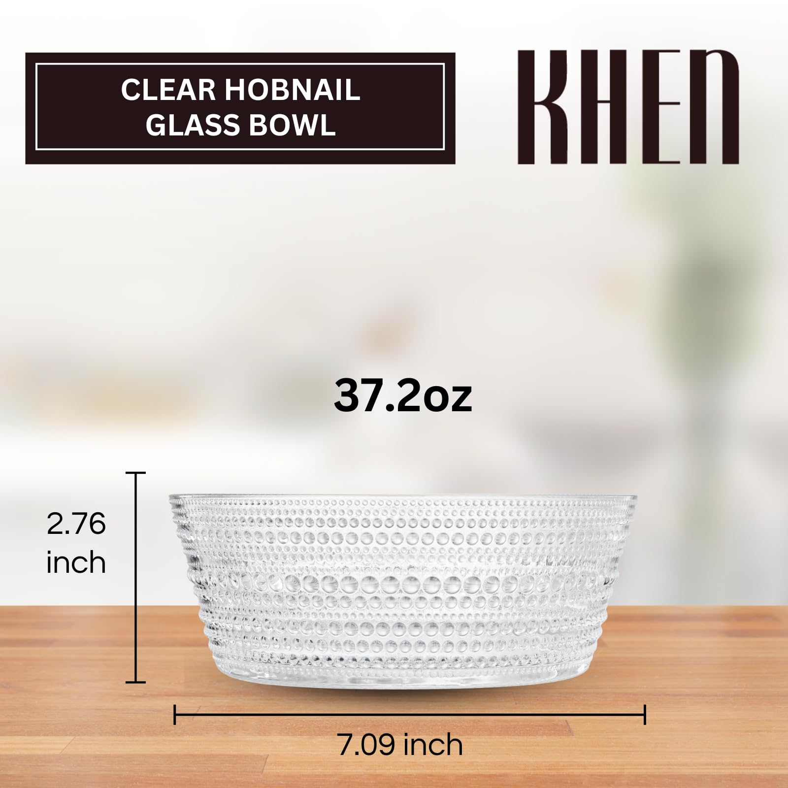 Khen Hobnail Glass Bowl Clear Vintage Style Textured Borosilicate Tableware Decorative Fruit Salad Centerpiece - 10 Inch
