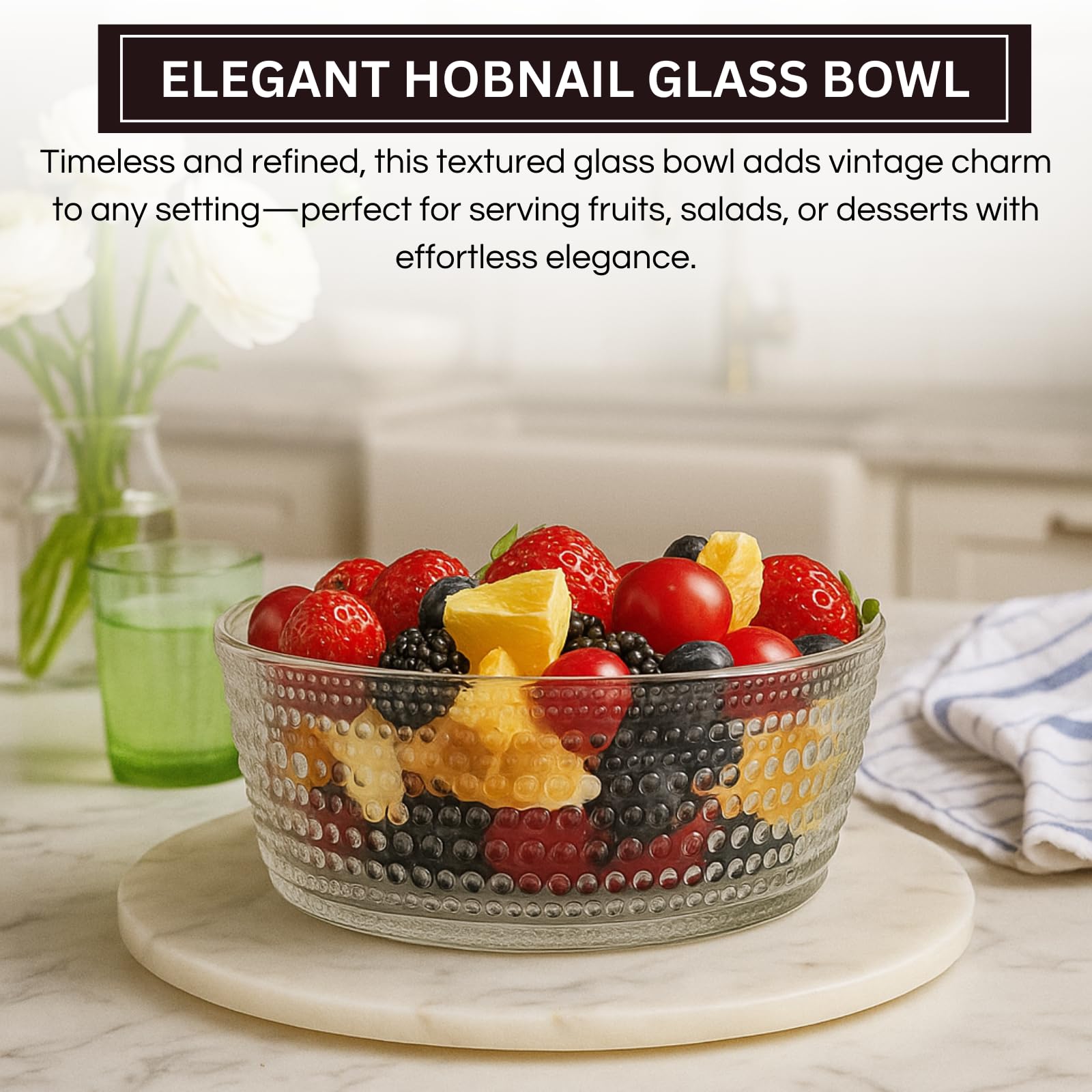 Khen Hobnail Glass Bowl Clear Vintage Style Textured Borosilicate Tableware Decorative Fruit Salad Centerpiece - 10 Inch
