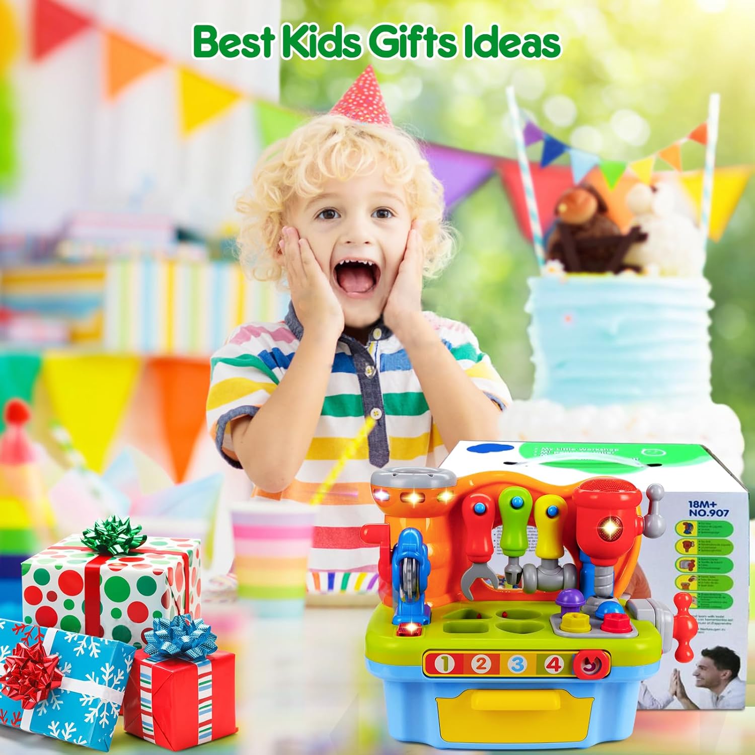 Toys for 1 Year Old Boy, Musical Toddler Tool Bench, Montessori Educational Toys with Sound Lights Effect, Shape Sorter, One Year Old Boy Birthday Gift, Engineer Pretend Play Workbench