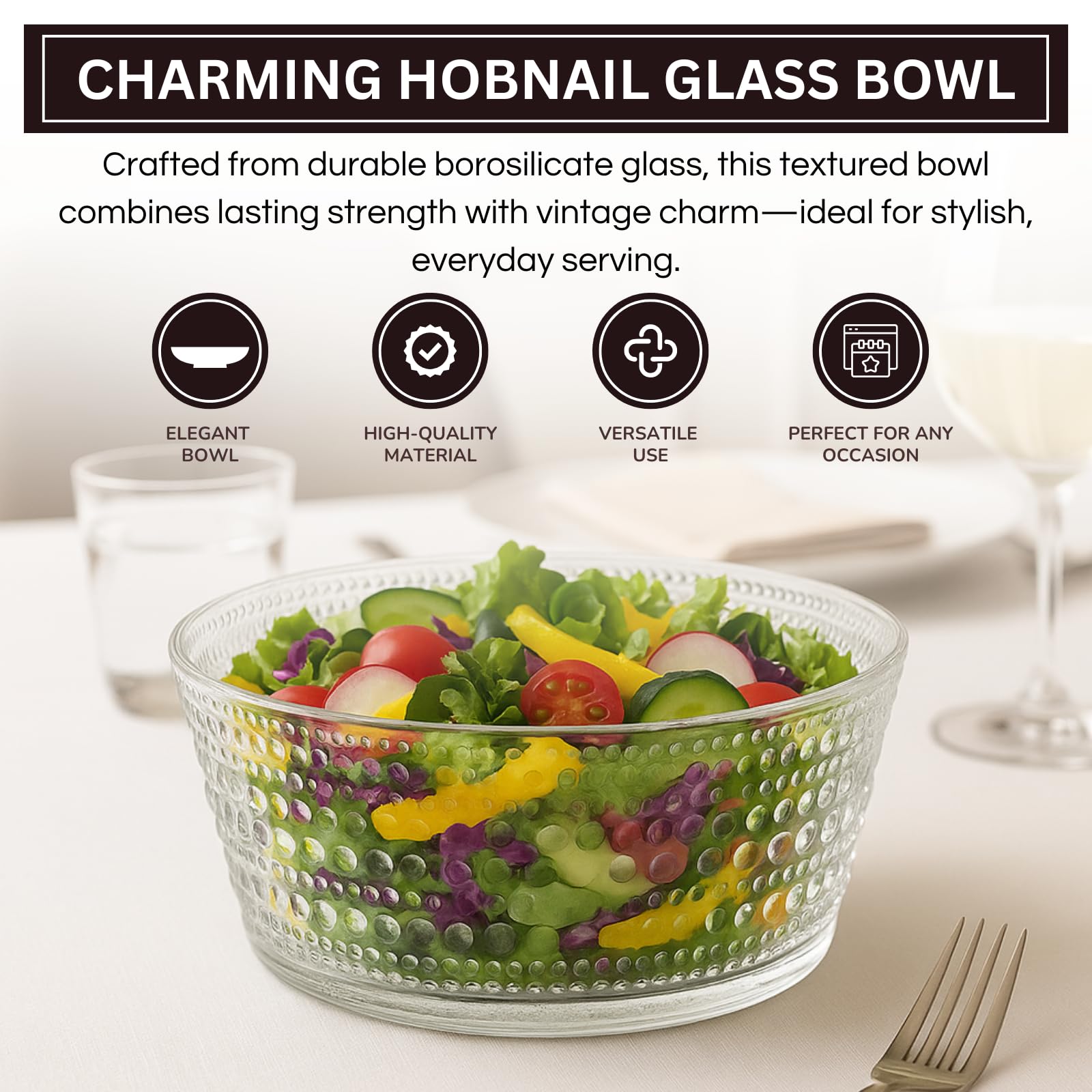 Khen Hobnail Glass Bowl Clear Vintage Style Textured Borosilicate Tableware Decorative Fruit Salad Centerpiece - 10 Inch