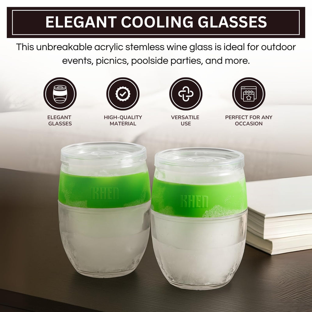 Stemless Acrylic Cooling Wine Glasses 14oz | Set of 2| Green