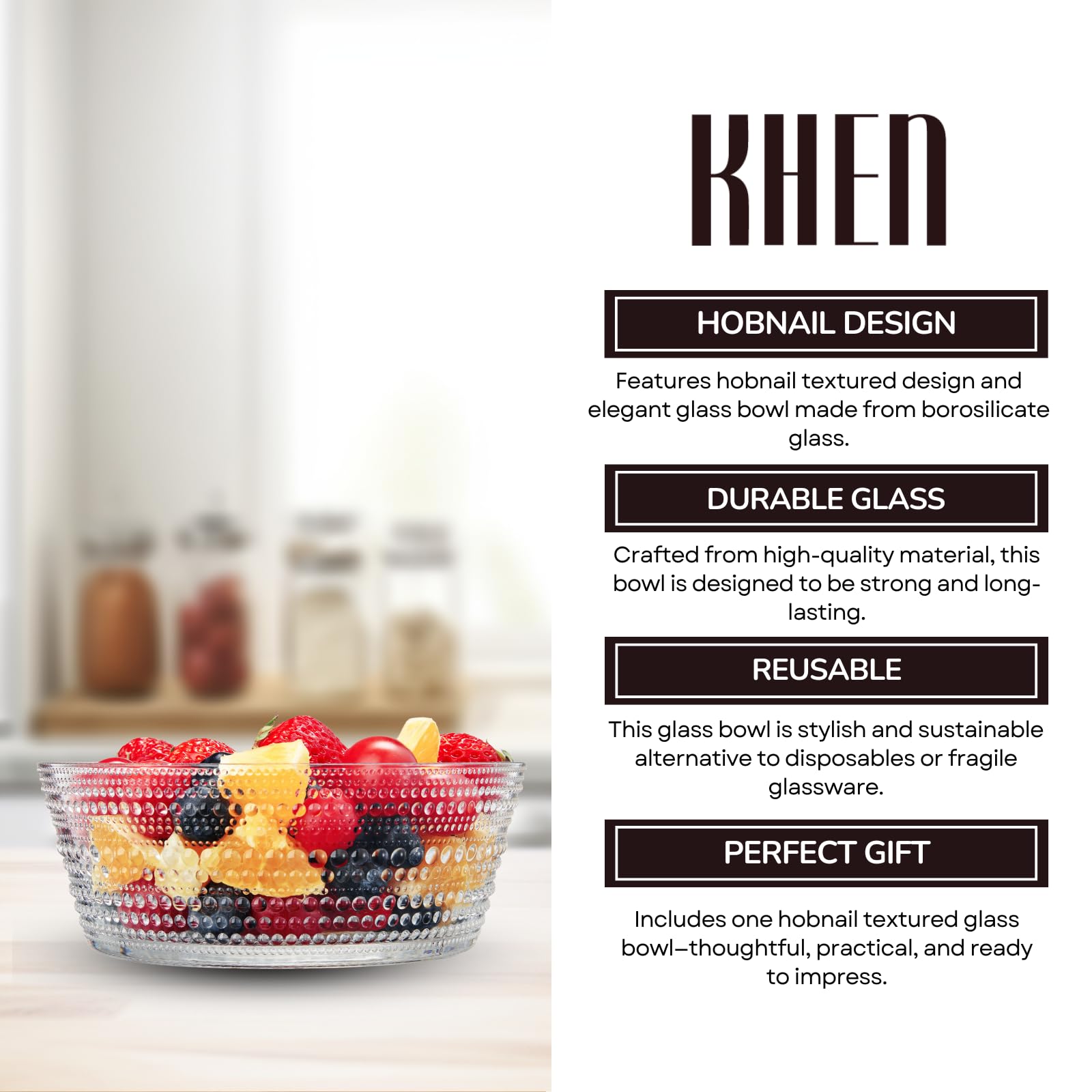 Khen Hobnail Glass Bowl Clear Vintage Style Textured Borosilicate Tableware Decorative Fruit Salad Centerpiece - 10 Inch