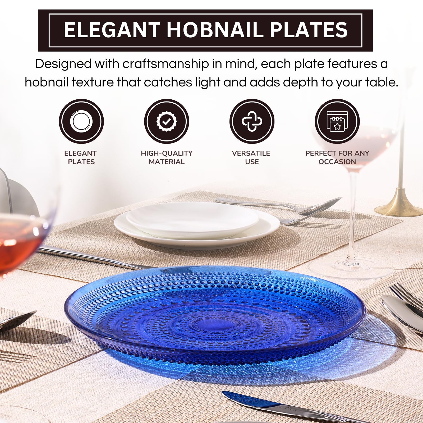 Glass Hobnail Dinner or Charger Plates | Set of 4 | Dark Blue