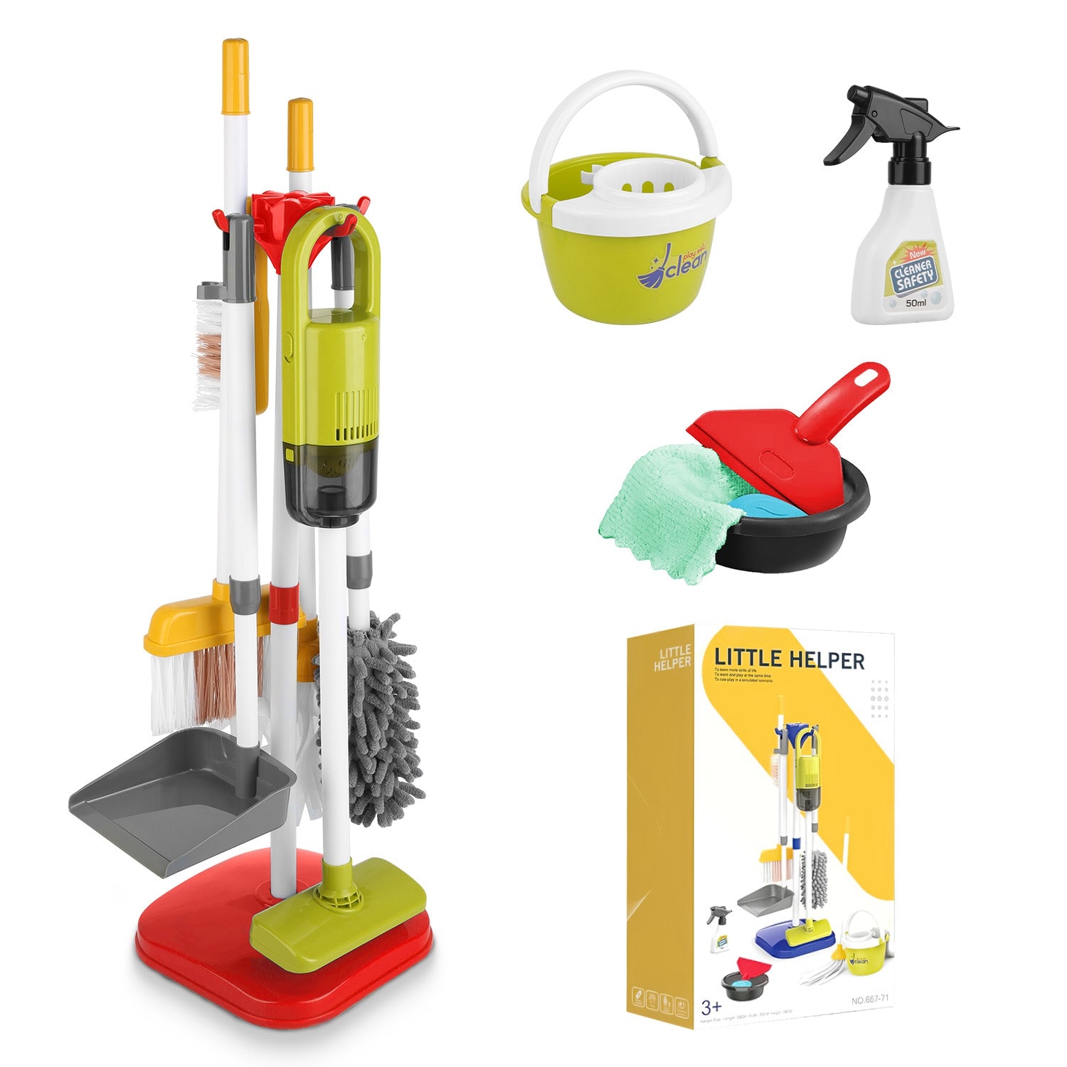 14Pcs Kids Cleaning Toy Set Toddler Housekeeping Pretend Play Kit with Vacuum Cleaner Broom Mop Organization Stand for Boys Girls Aged 3 4 5