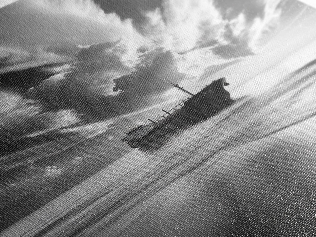 Stormy Sky Ship, Dramatic Seascape, Black White Photography, Ocean Nautical Decor, Framed Canvas Print, Coastal Wall Art, Moody Minimalist