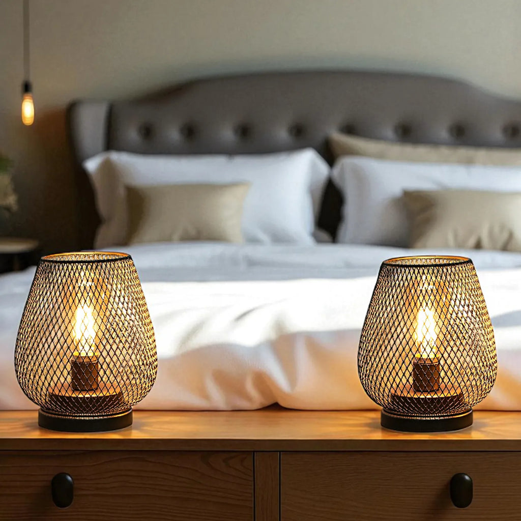 Set of 2 Metal Cage LED Battery Powered Lamp