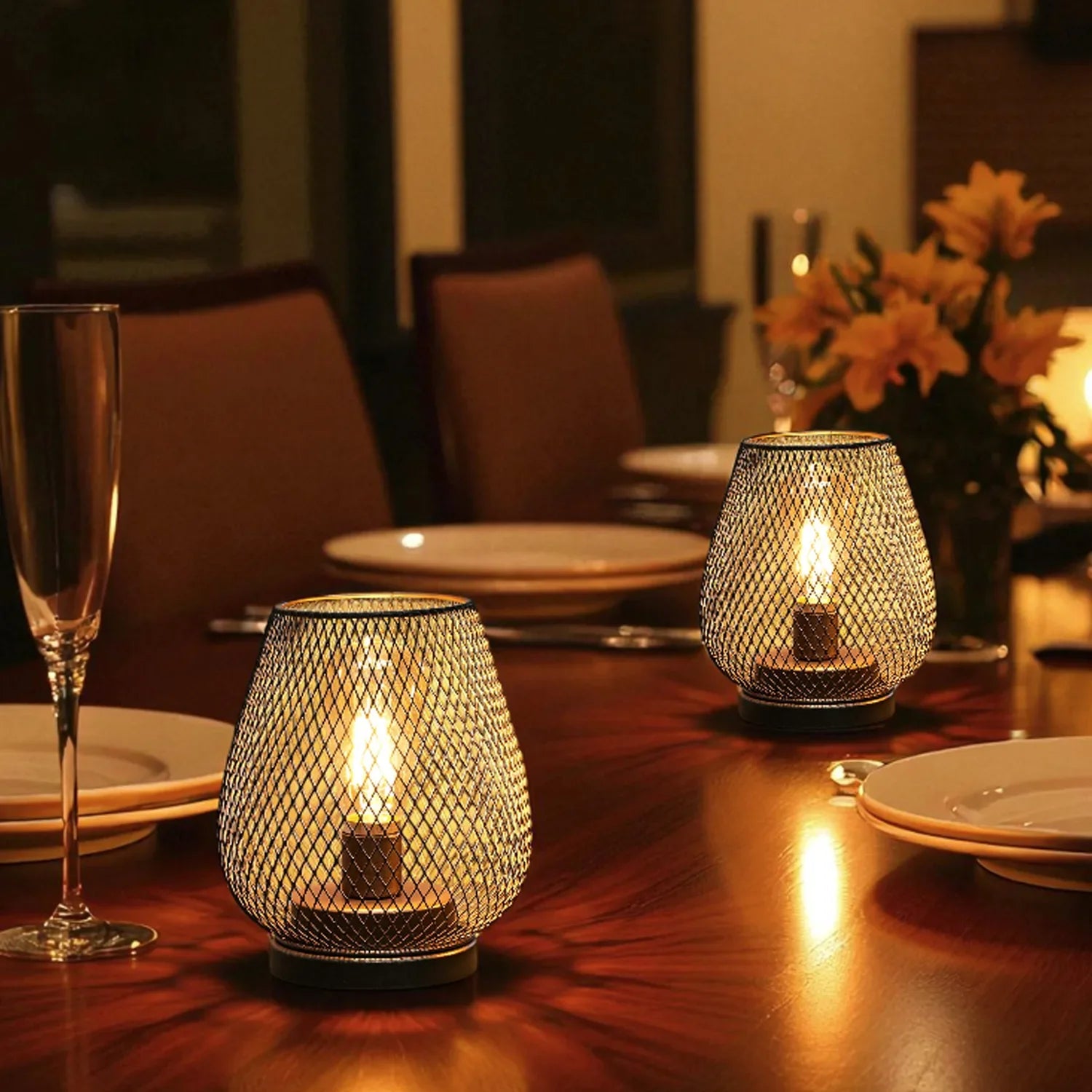 Set of 2 Metal Cage LED Battery Powered Lamp