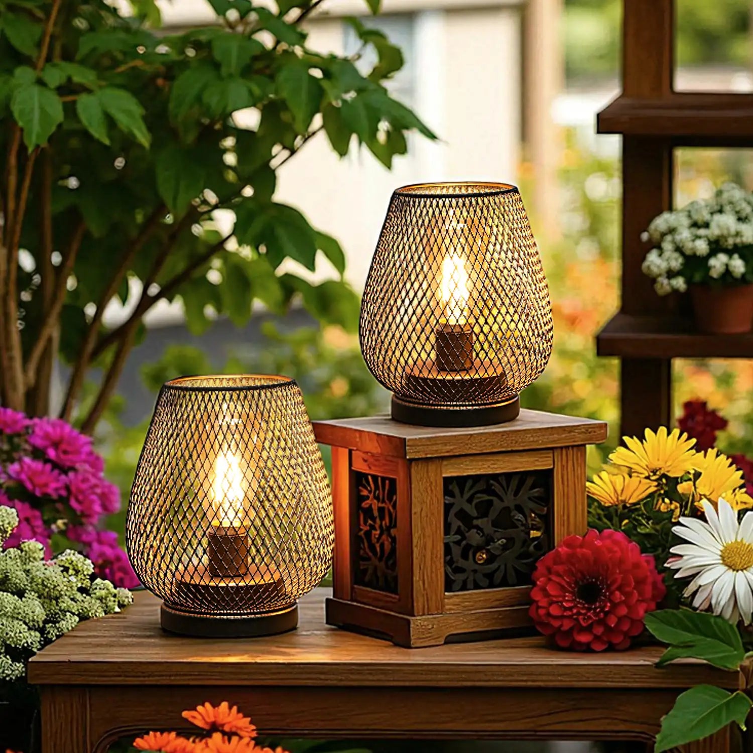 Set of 2 Metal Cage LED Battery Powered Lamp