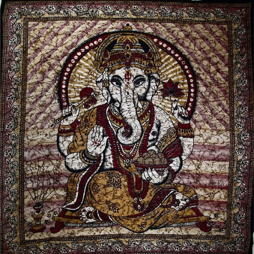 Ganesha Holding Lotus Flower Brown Batik Tie Dye Tapestry