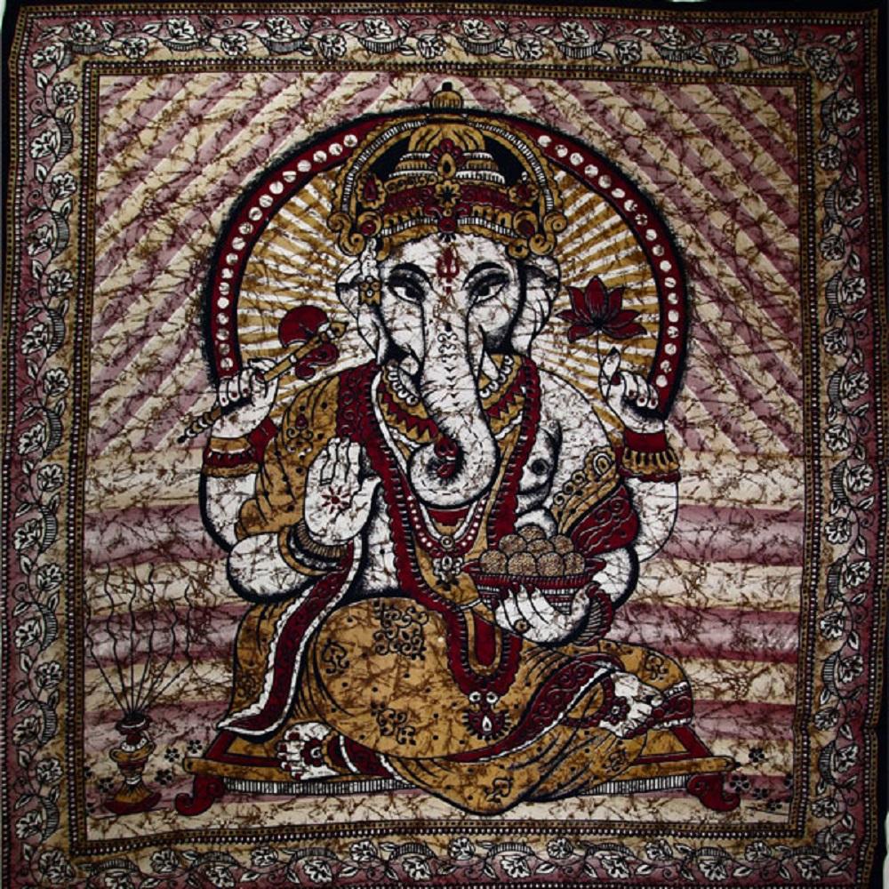 Ganesha Holding Lotus Flower Brown Batik Tie Dye Tapestry