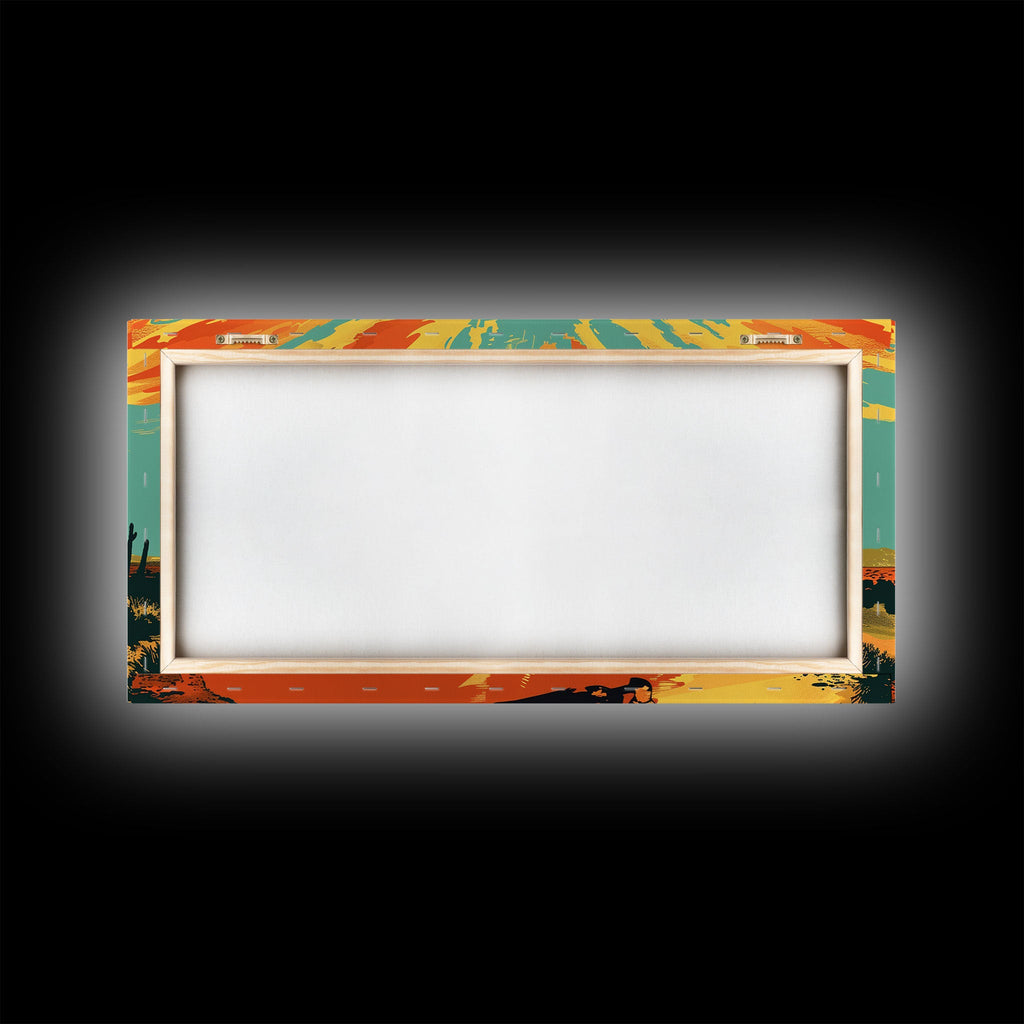 Lone Cowboy with Cactus in Desert, Perfect Living Room Art, Framed Canvas Print, Rustic Home Decoration, Boho Wall Art