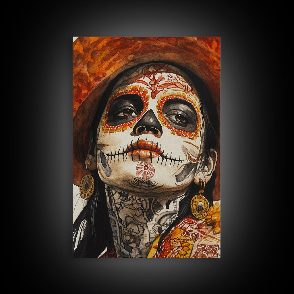 Day Of The Dead Portrait Framed Canvas Print, Chicano / Mexicano Wall Art, Home Decor, Chicano Wall Art, Chicano Painting