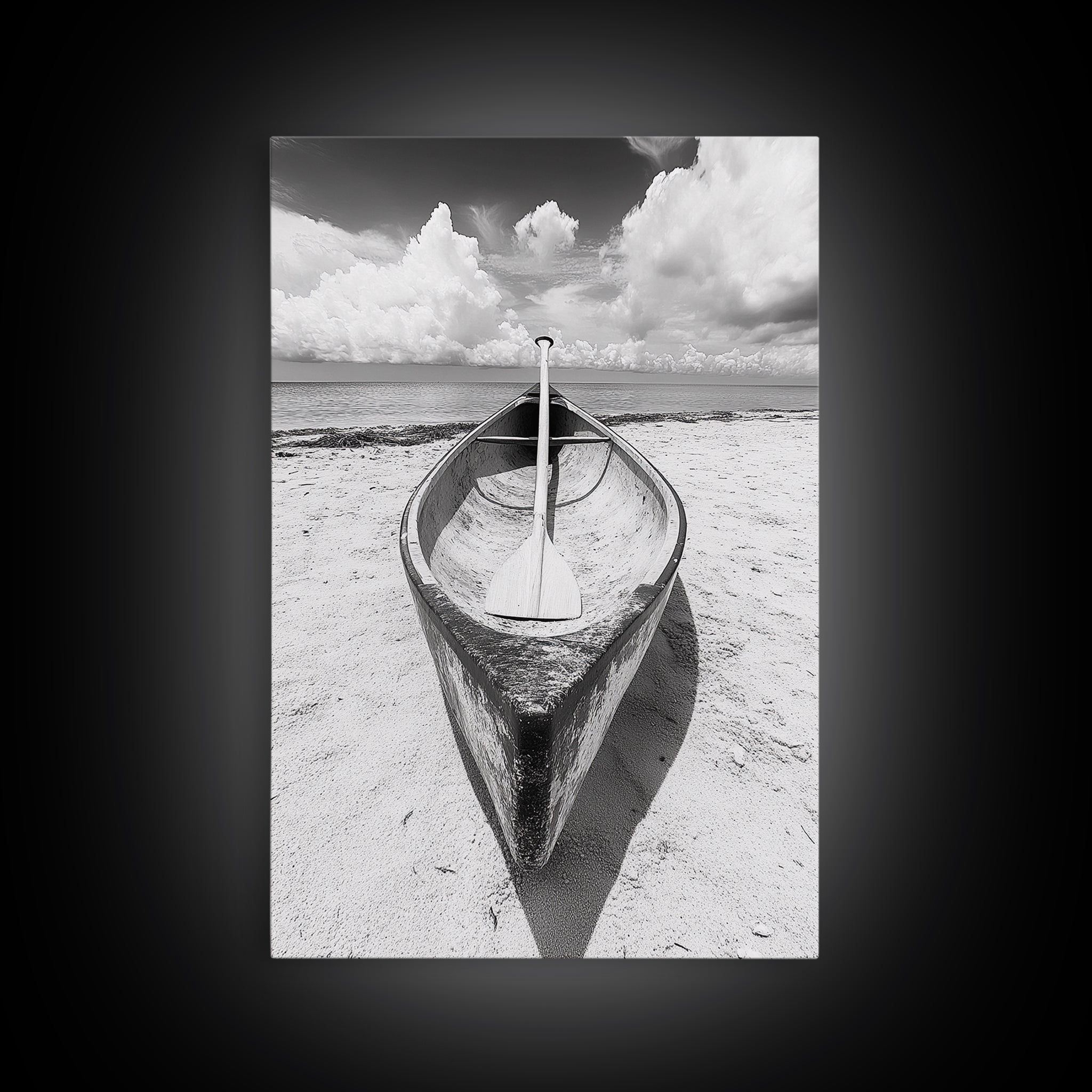 Paddle, Canoe, Beach, Clouds - Summer boating scene, Canvas Print, ideal bathroom or guestroom nautical art, rustic coastal boho wall decor