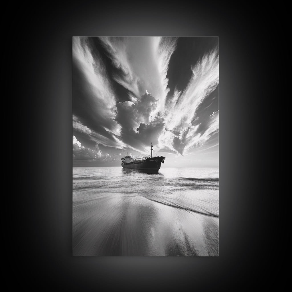 Stormy Sky Ship, Dramatic Seascape, Black White Photography, Ocean Nautical Decor, Framed Canvas Print, Coastal Wall Art, Moody Minimalist