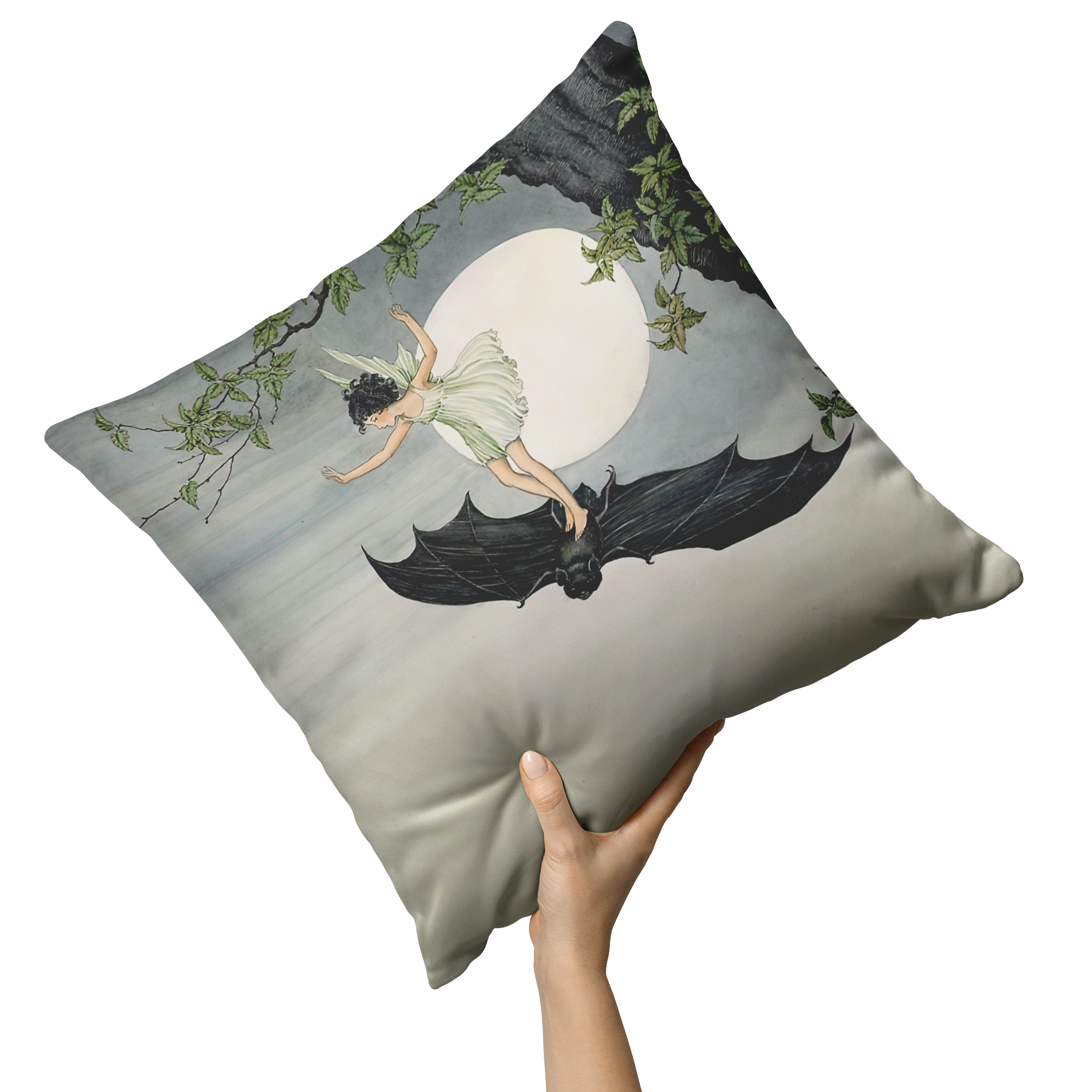 "Fairy Riding a Bat" Throw Pillow