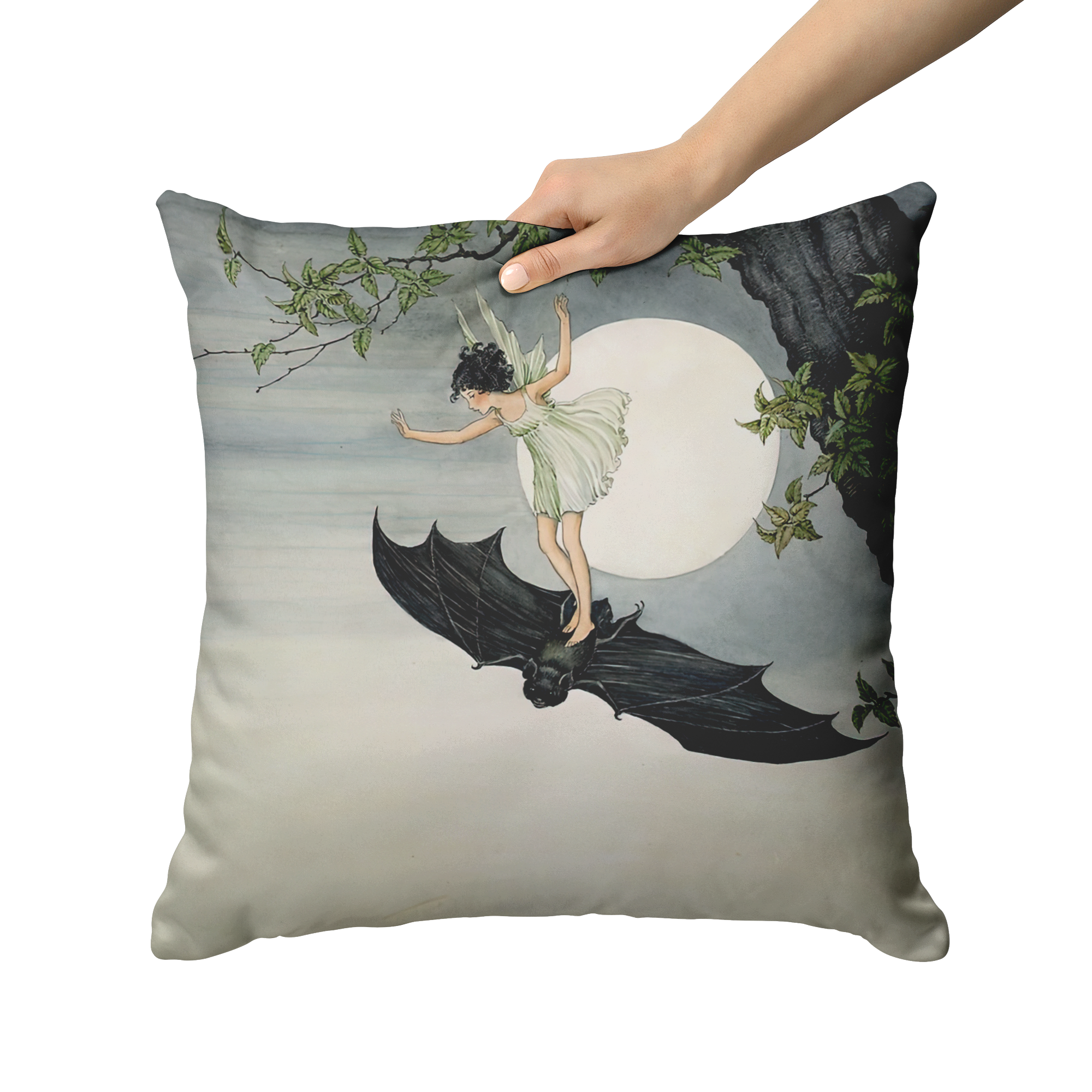 "Fairy Riding a Bat" Throw Pillow