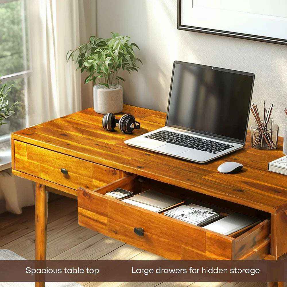 Acacia Lagom 48" Solid Wood Work Desk with Drawers for Functional Home Office