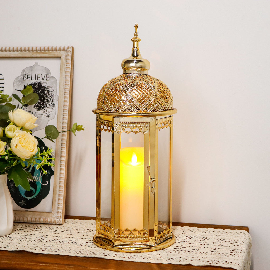 Moroccan Candle Lantern 15'' Gold Hexagonal Candle Holder
