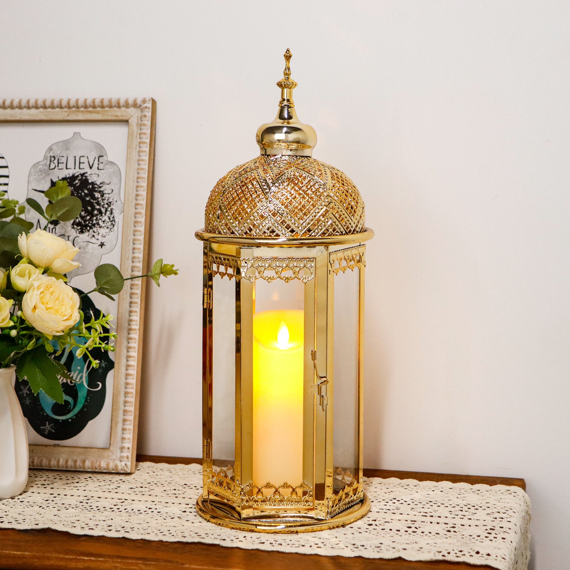Moroccan Candle Lantern 15'' Gold Hexagonal Candle Holder