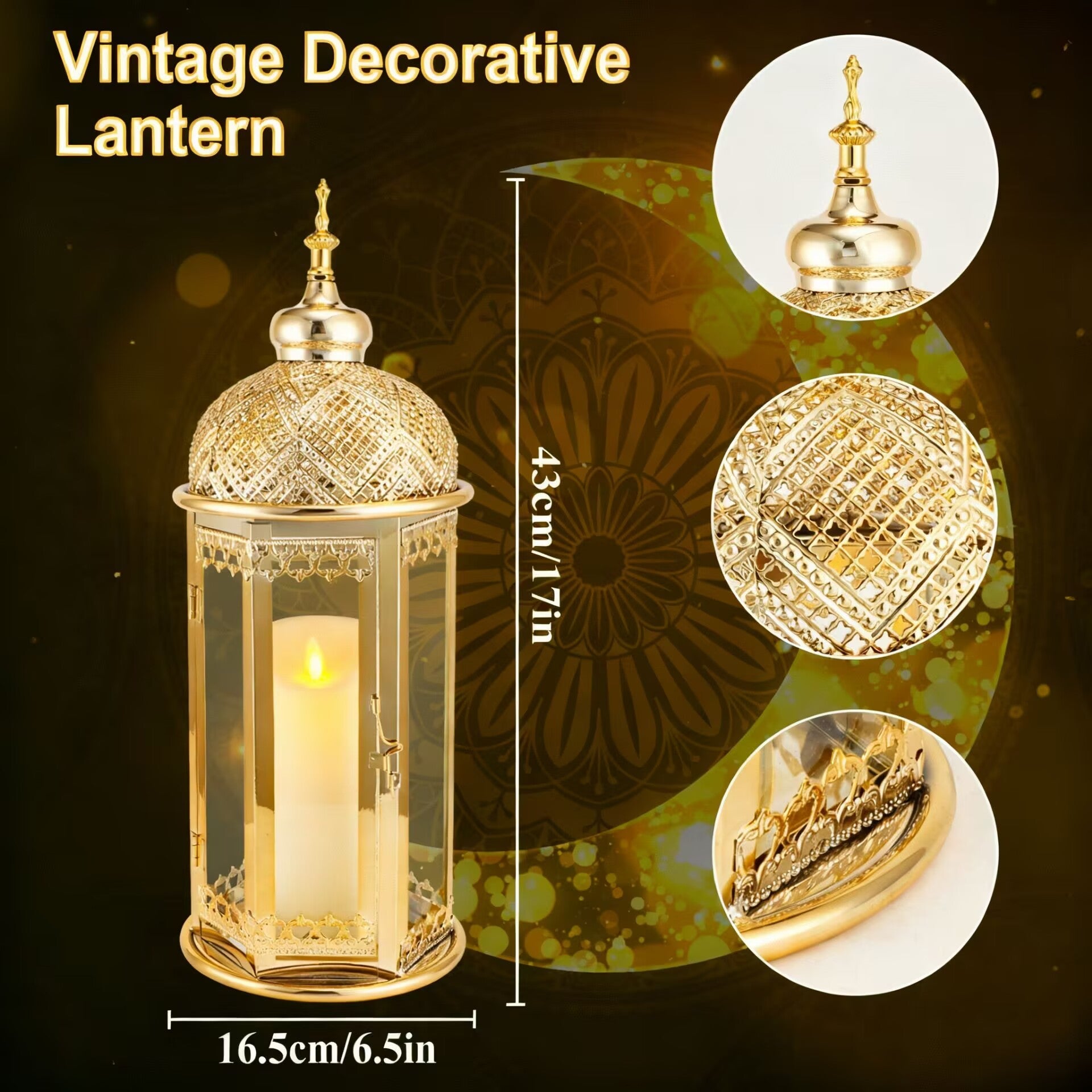 Moroccan Candle Lantern 15'' Gold Hexagonal Candle Holder